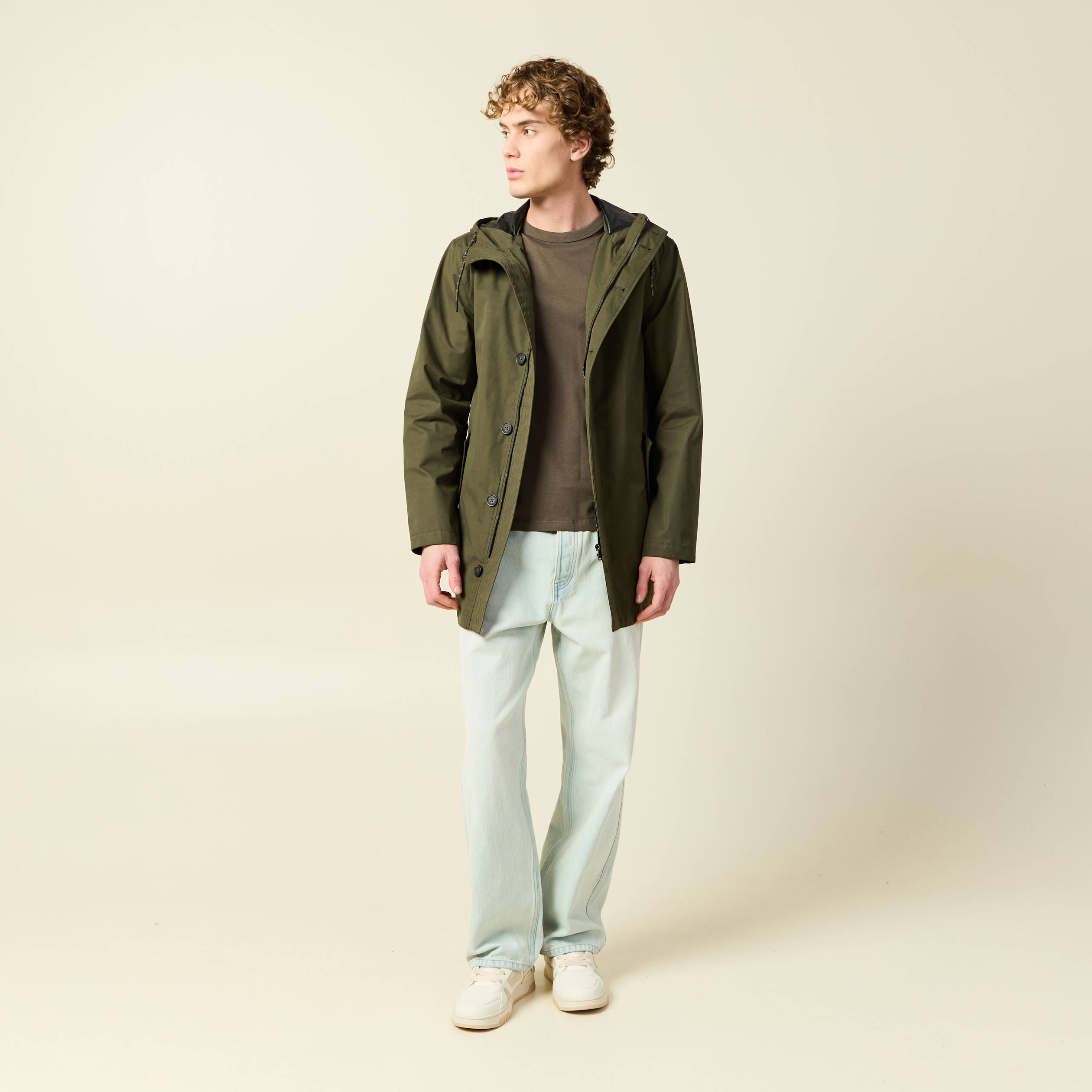 Parka d&eacute;perlante droite mi-longue vert kaki homme