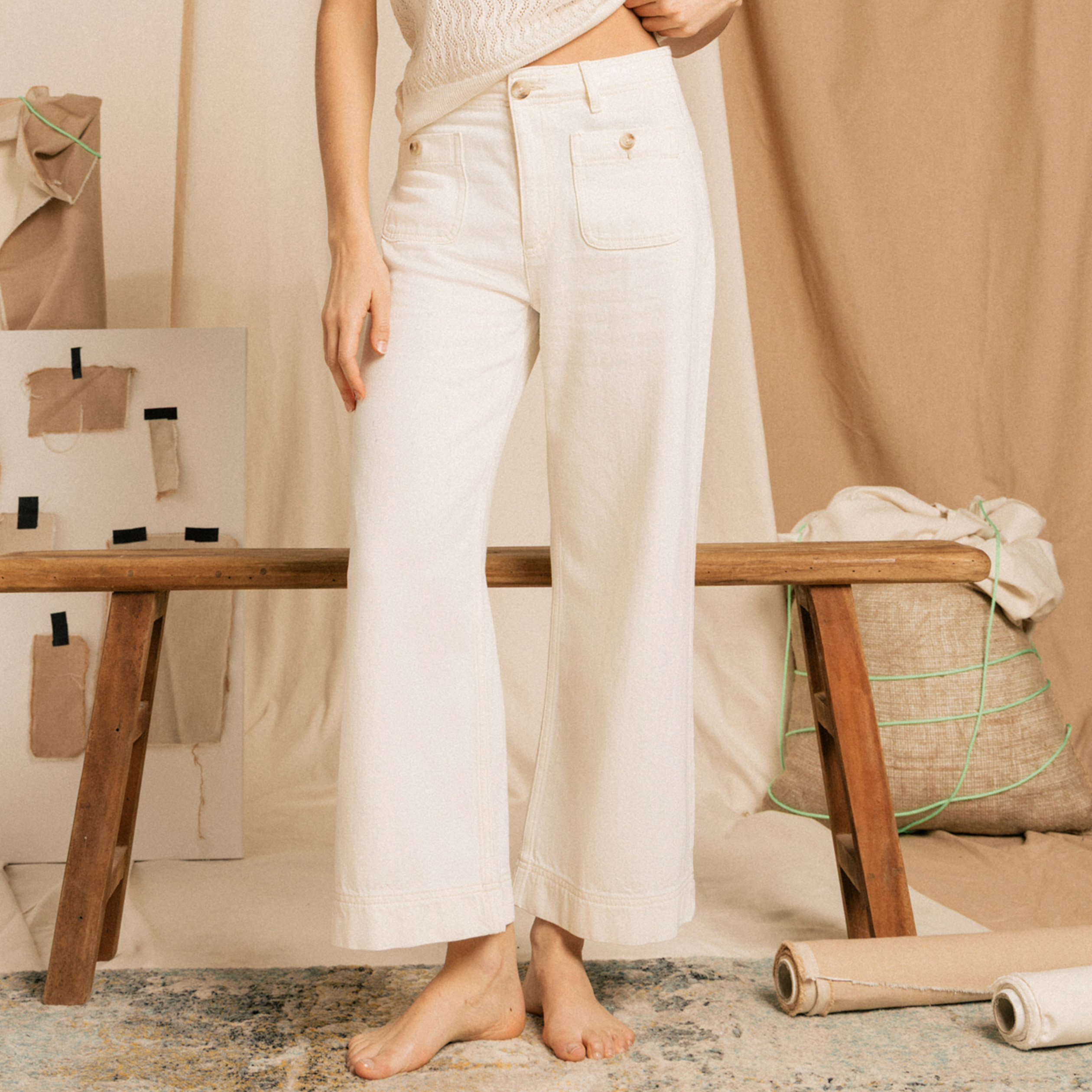 Jeans loose cropped taille standard ecru femme
