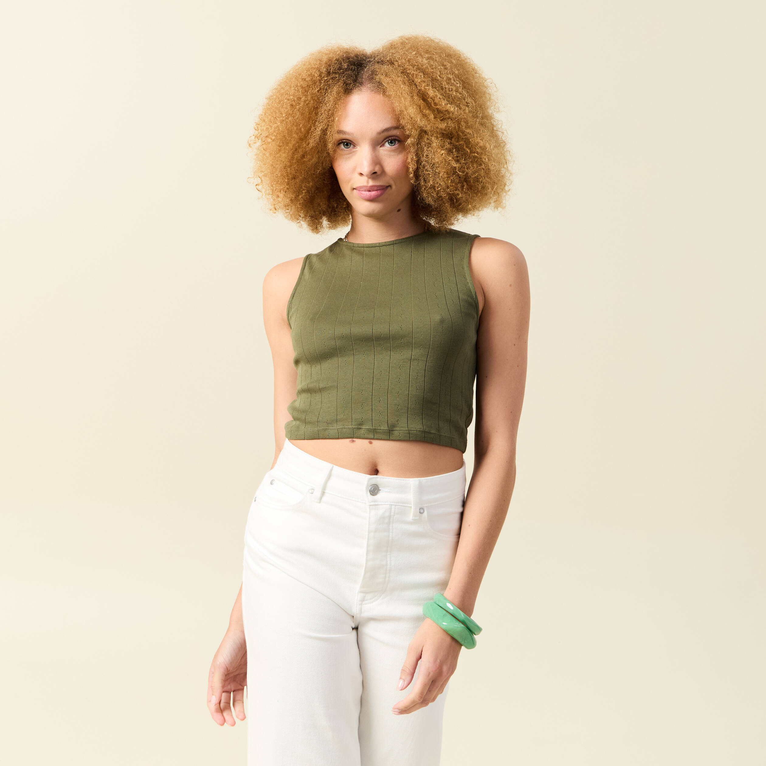 debardeur cropped col rond en coton vert kaki femme Débardeur cropped col rond en coton vert kaki femme