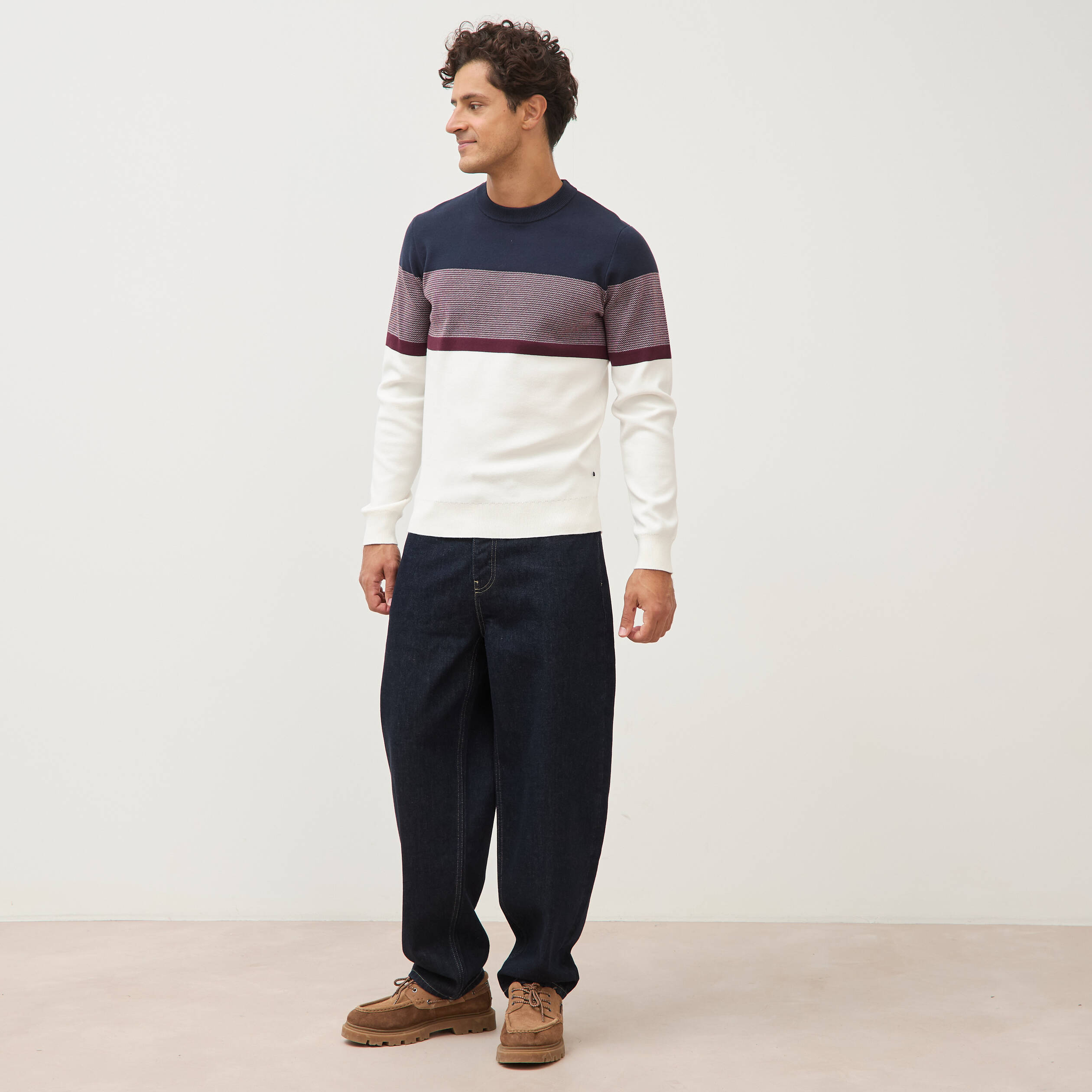 Pull fin col rond manches longues bleu marine homme