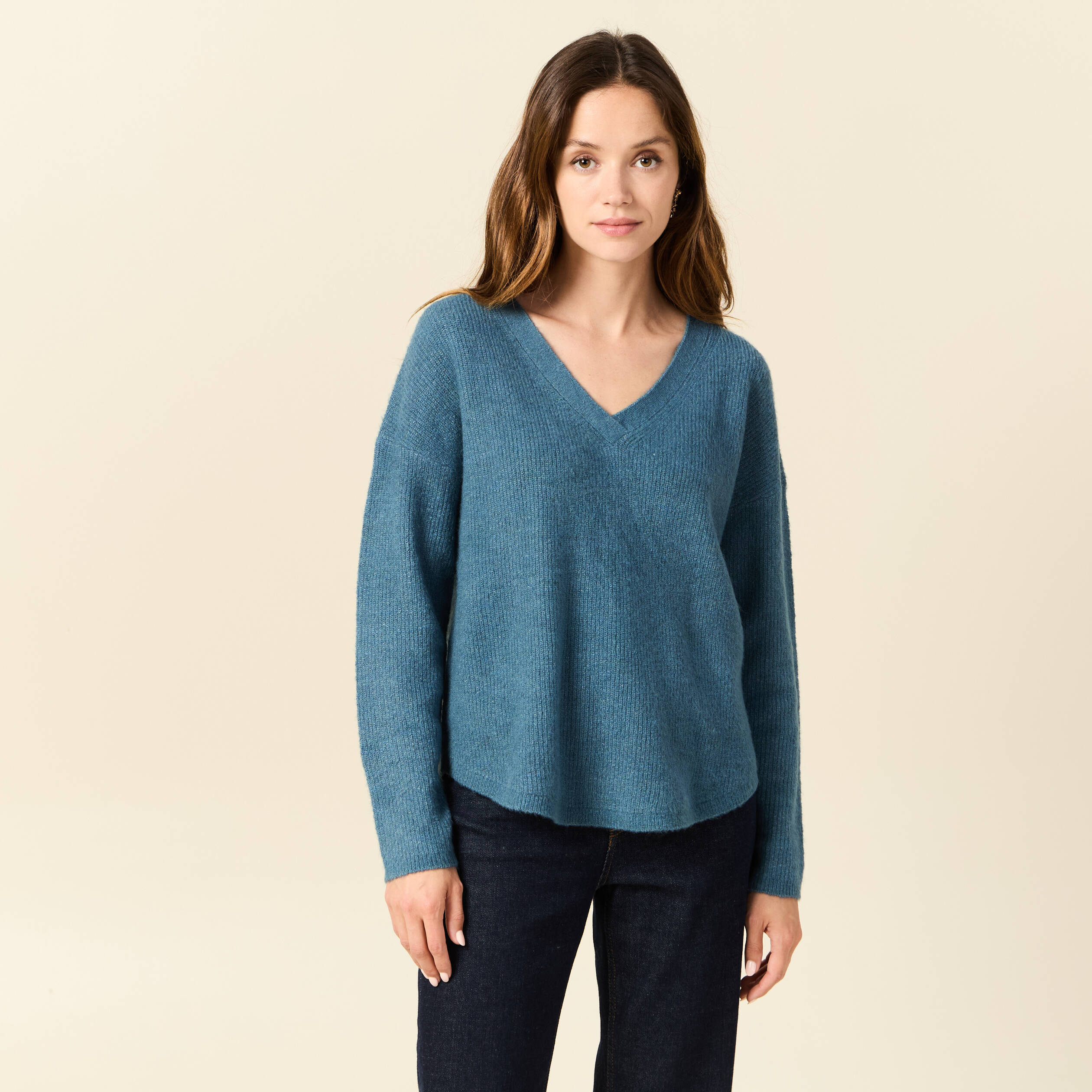 pull manches longues col en v bleu gris femme Pull manches longues col en V bleu gris femme