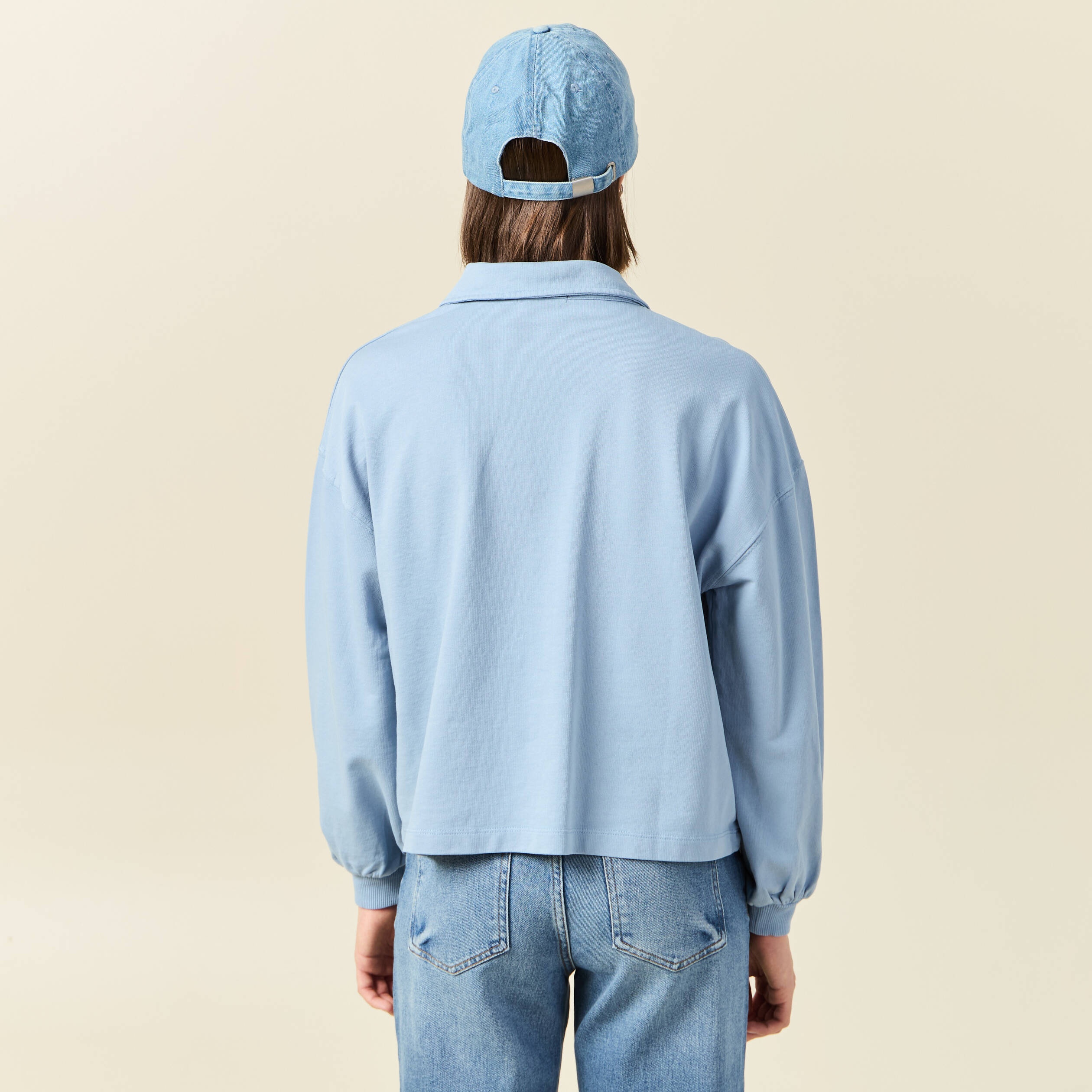 sweat manches longues col polo bleu clair femme Sweat manches longues col polo bleu clair femme