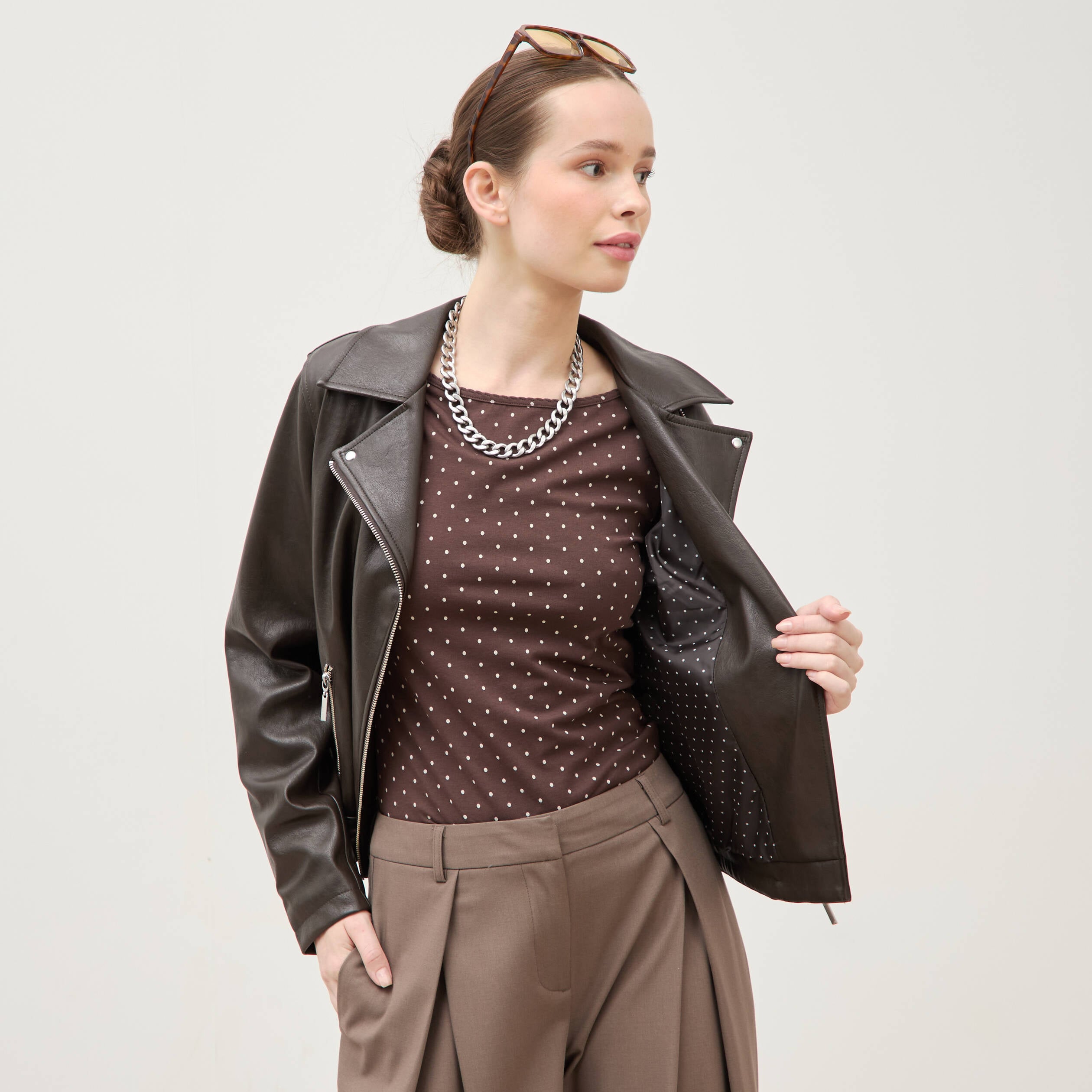 Perfecto manches longues similicuir marron fonc&eacute; femme