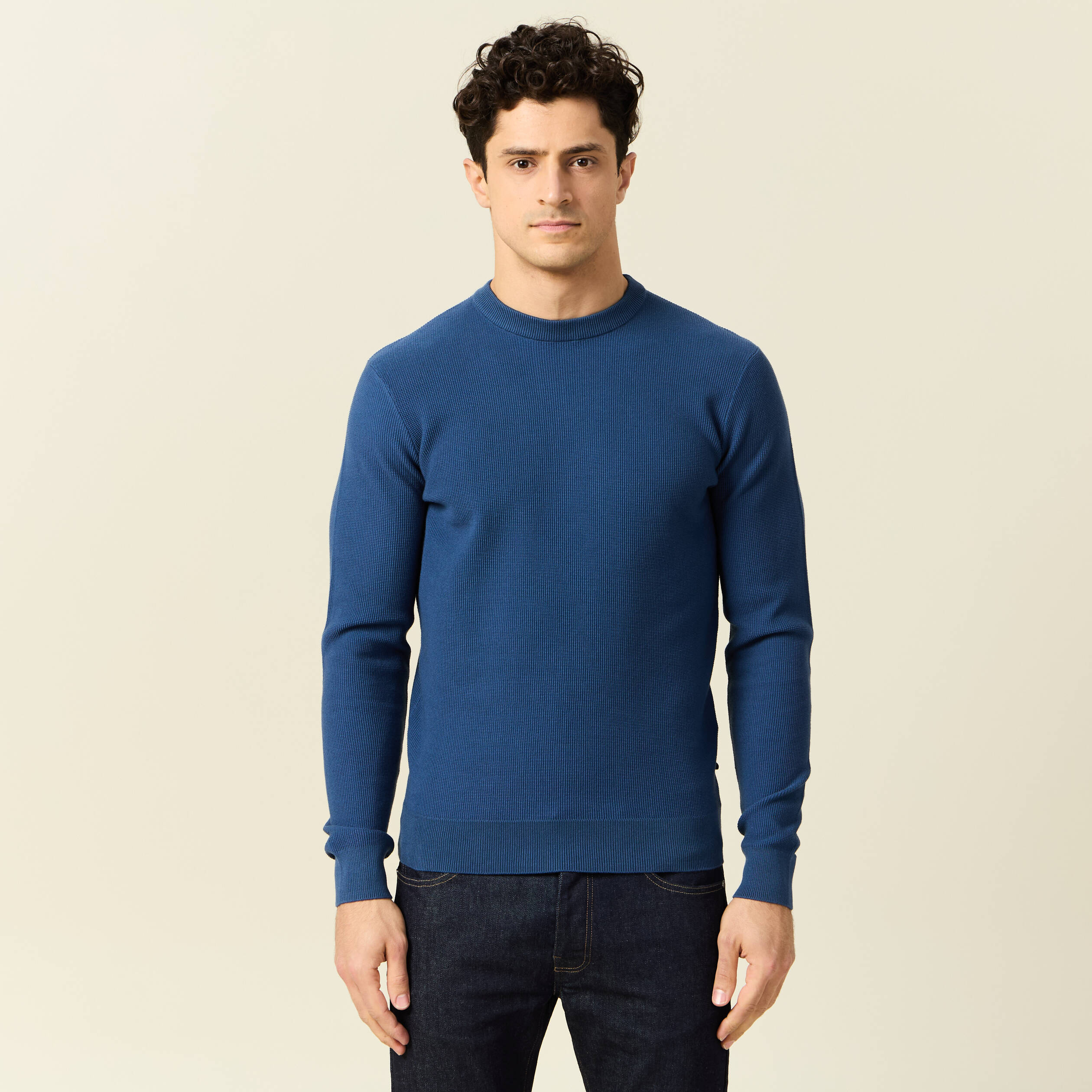 Pull fin col rond manches longues bleu fonc&eacute; homme