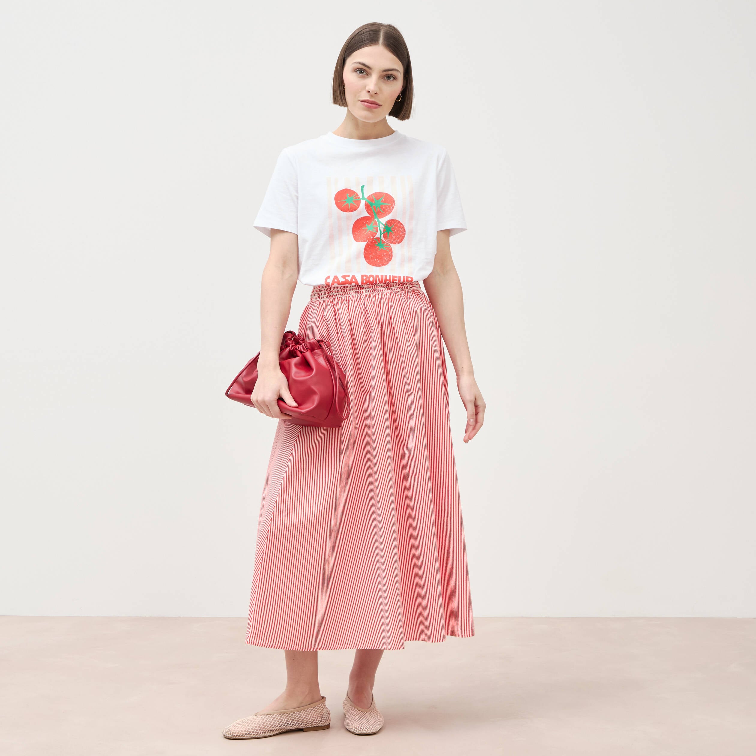T-shirt &agrave; motif en coton manches courtes blanc femme
