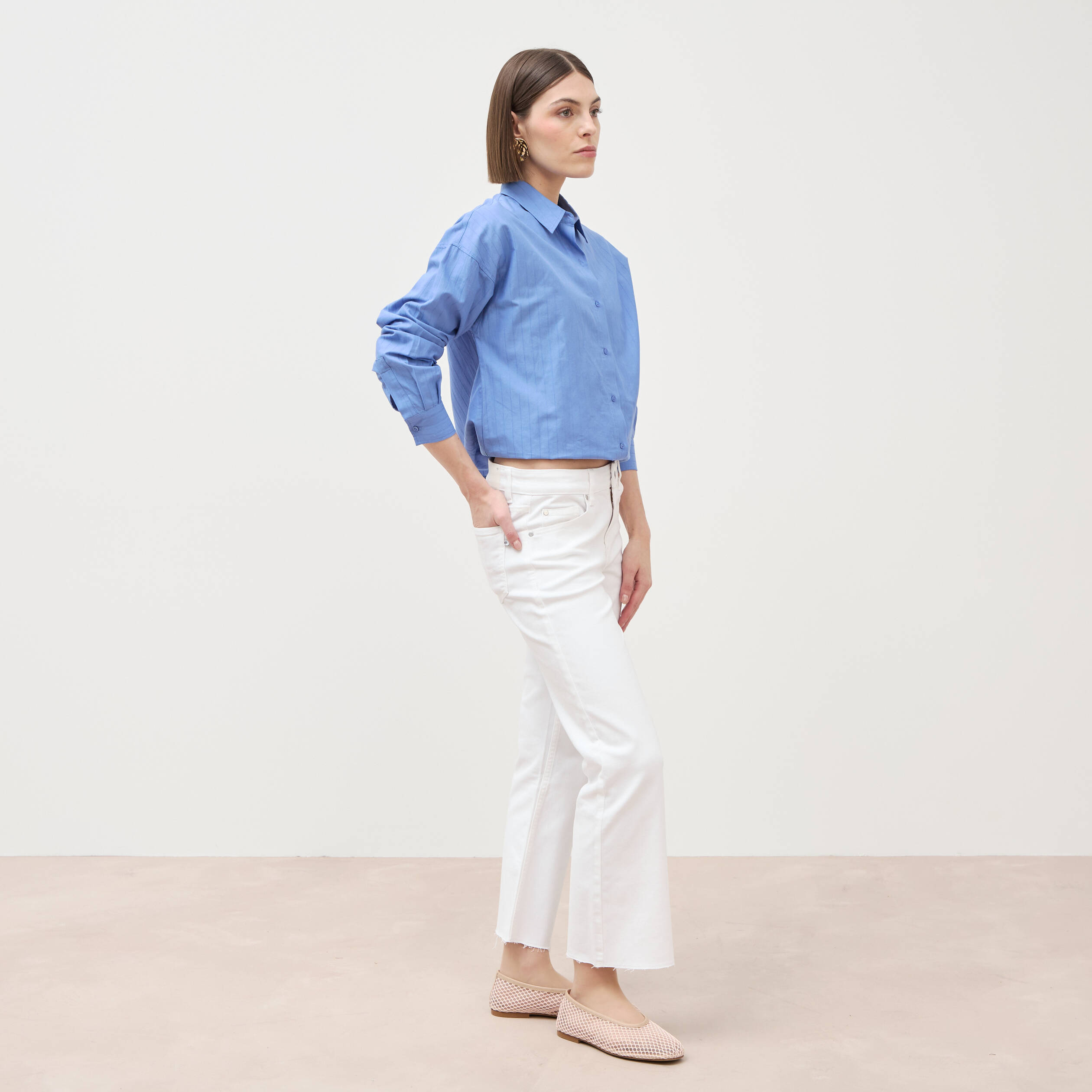 Jeans bootcut cropped taille bascul&eacute;e denim blanc femme
