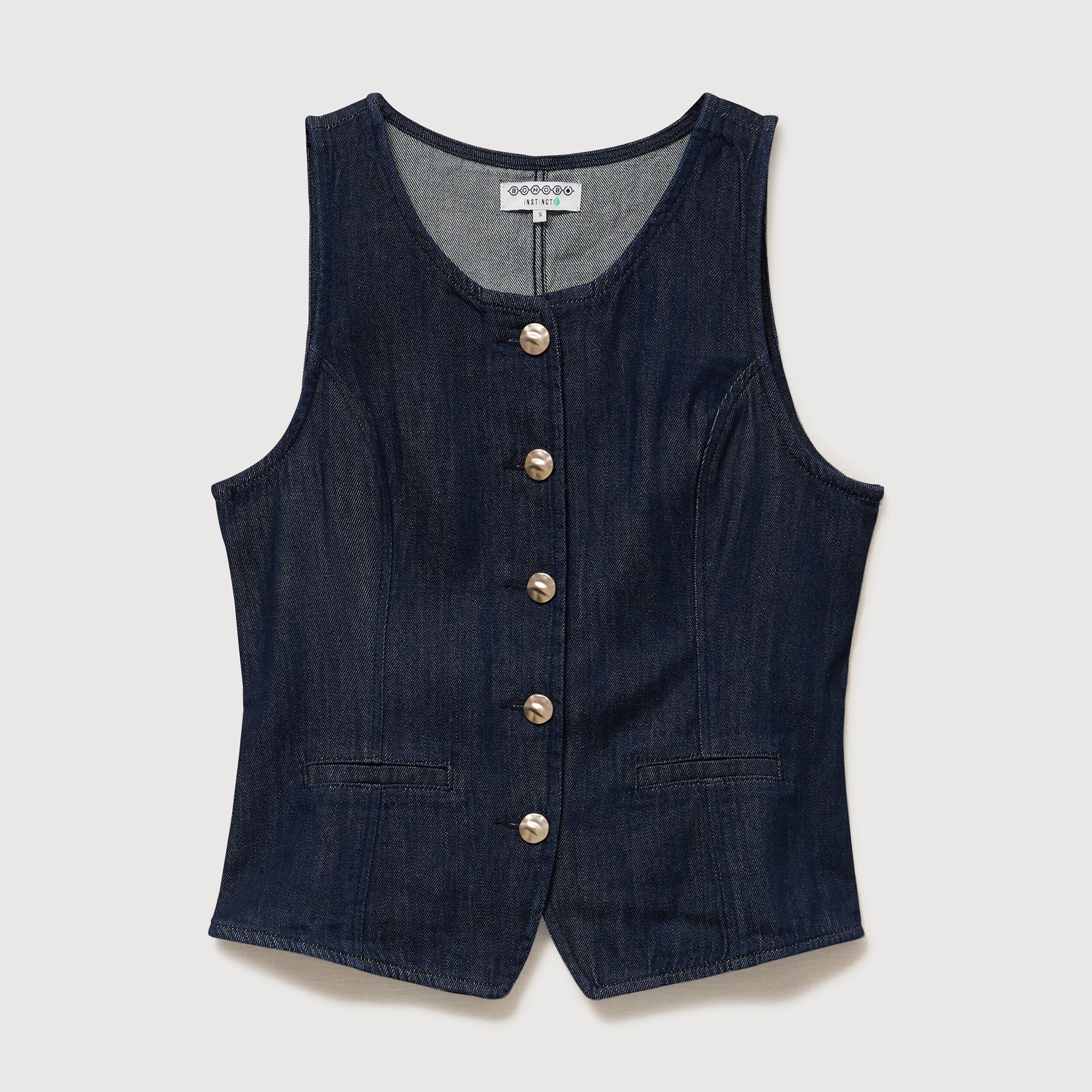 Gilet en jeans sans manches col rond denim brut femme