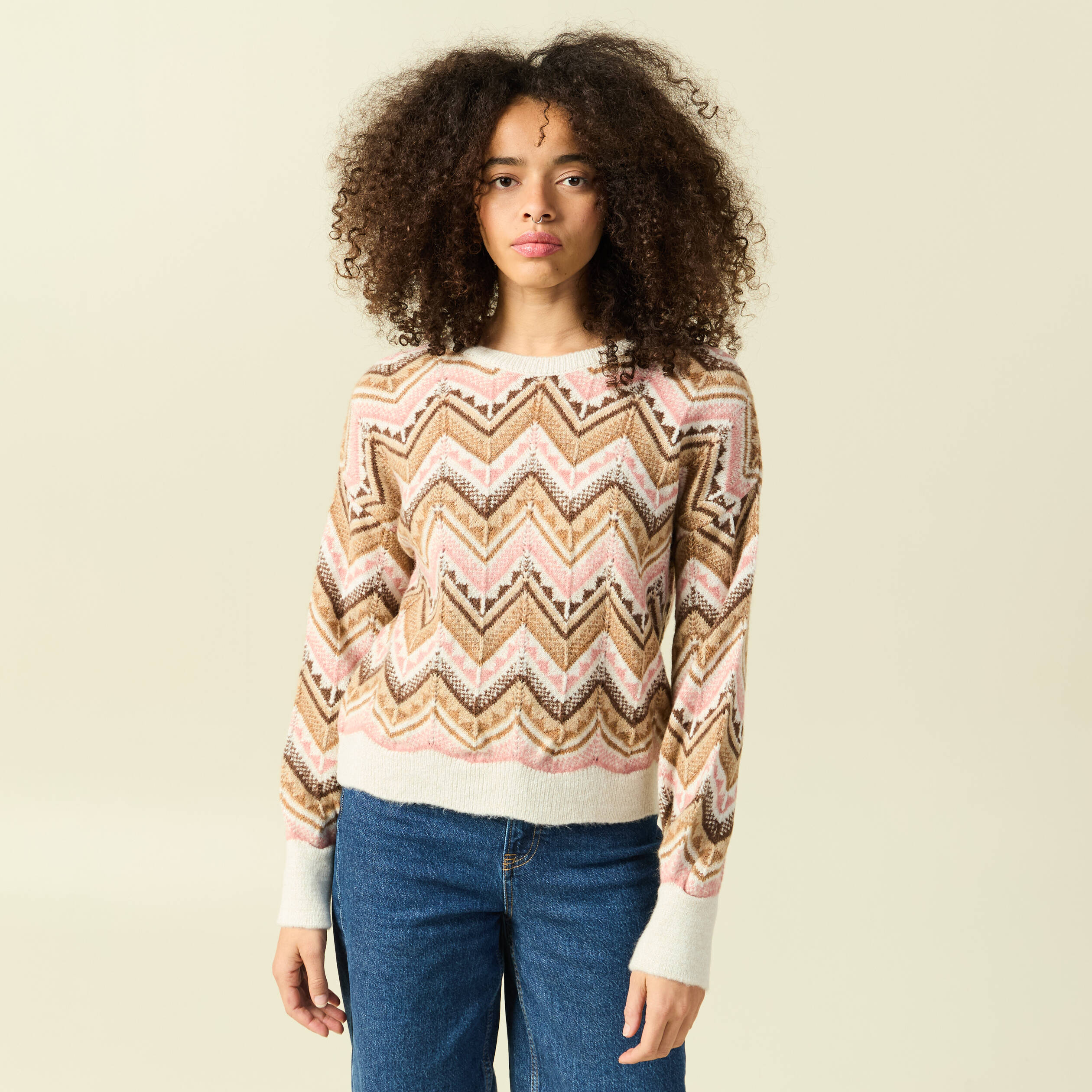 Pull col rond manches longues rose femme