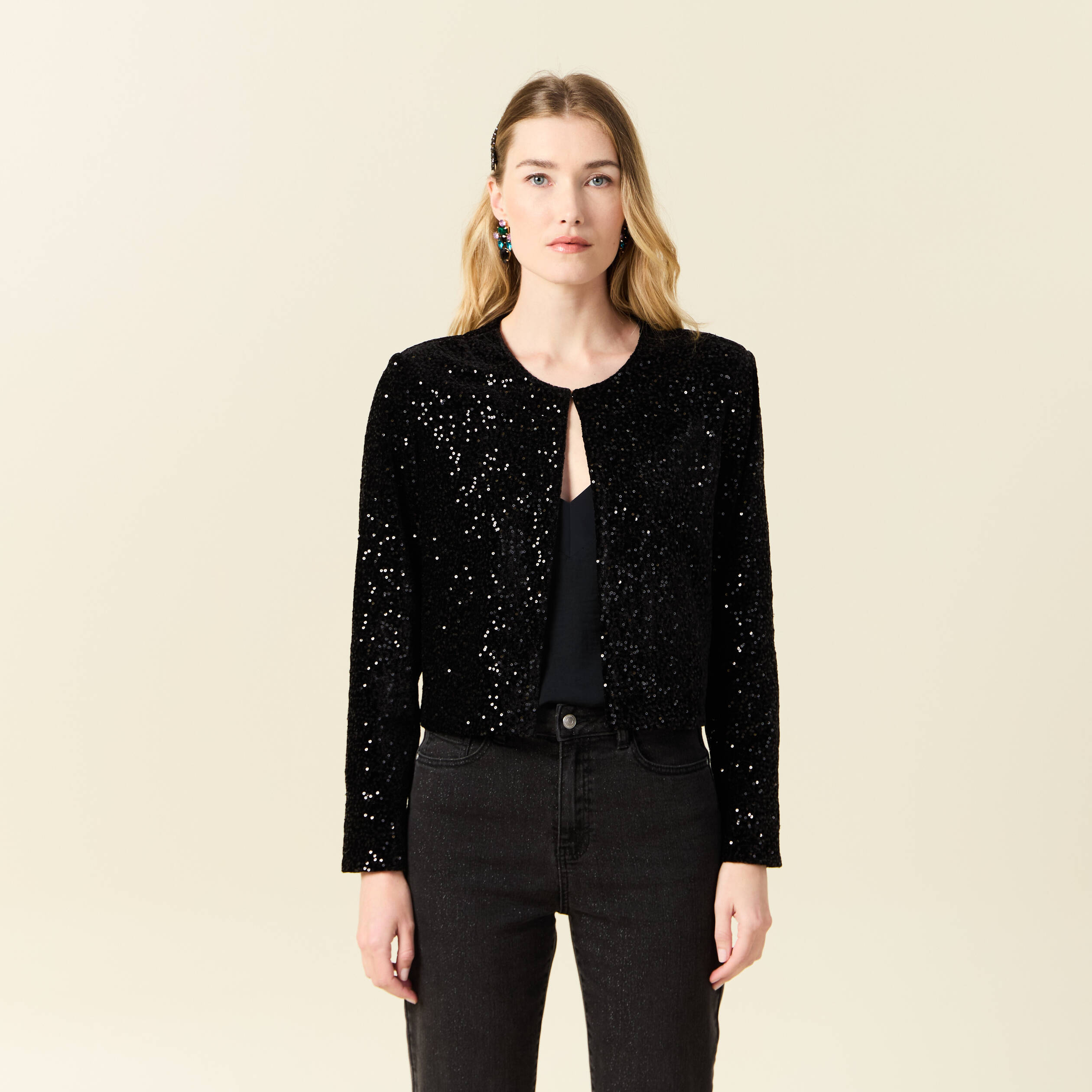 gilet manches longues sequins noir femme Gilet manches longues sequins noir femme