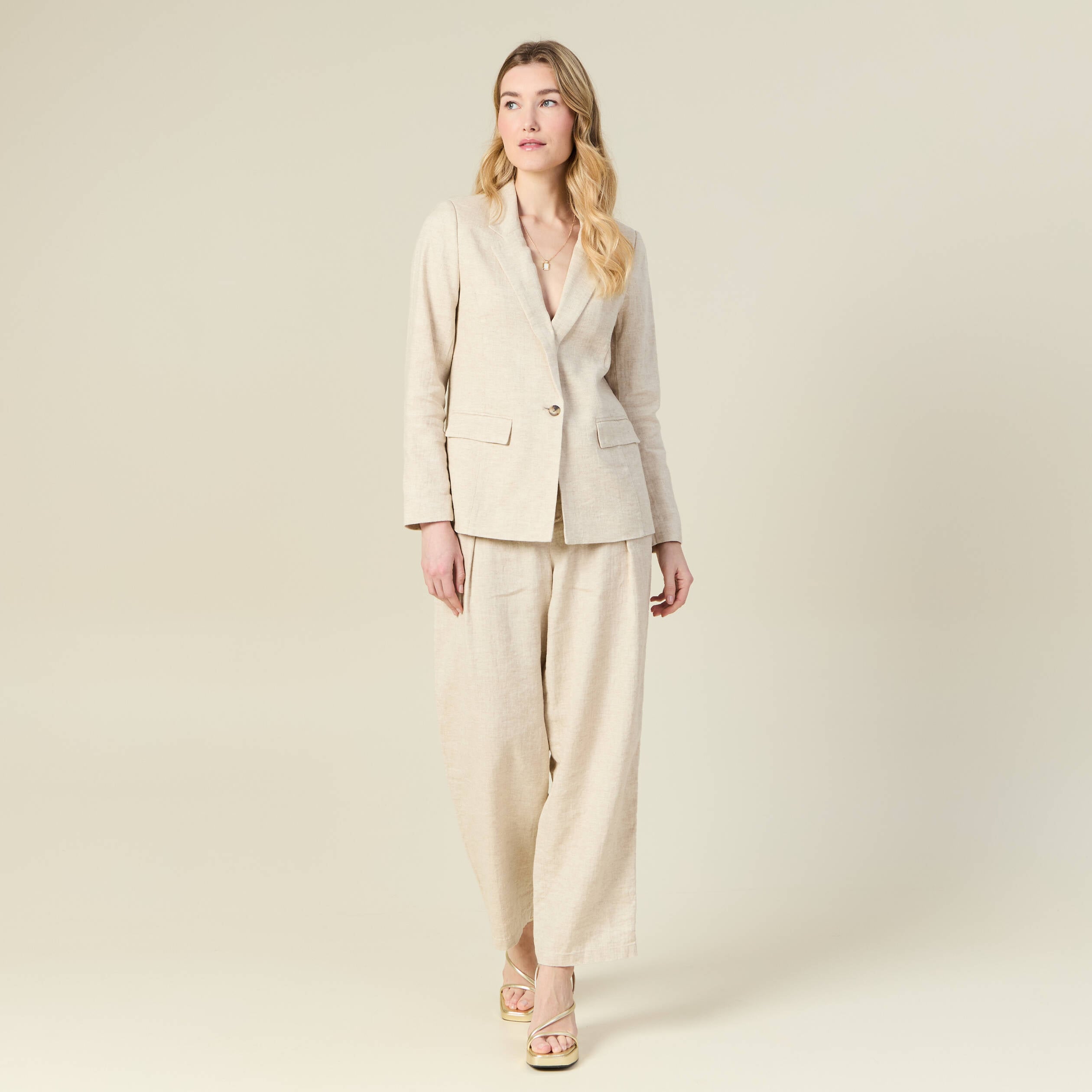 Pantalon large taille haute sable femme