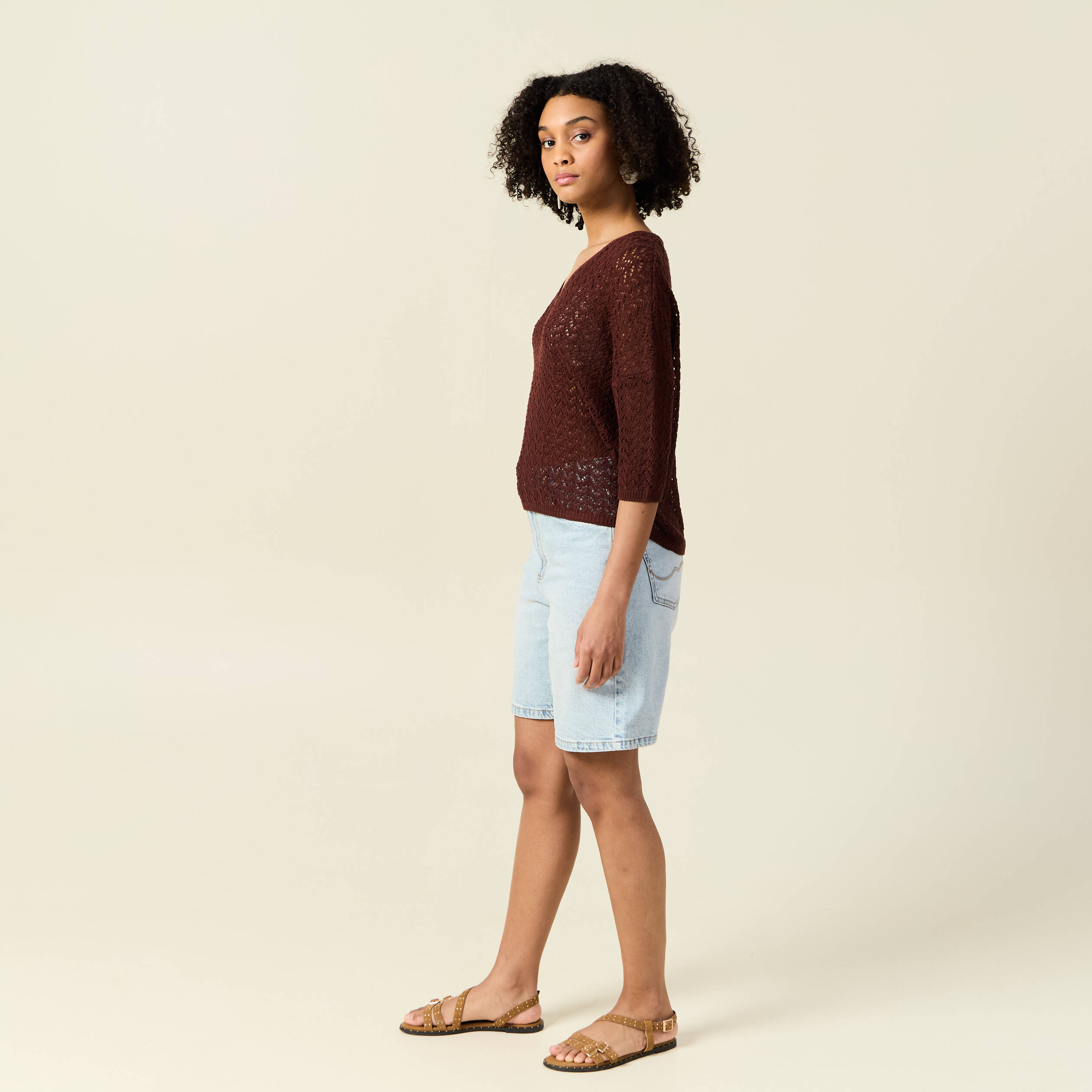 pull manches 34 ajoure bordeaux femme Pull manches 3/4 ajouré bordeaux femme