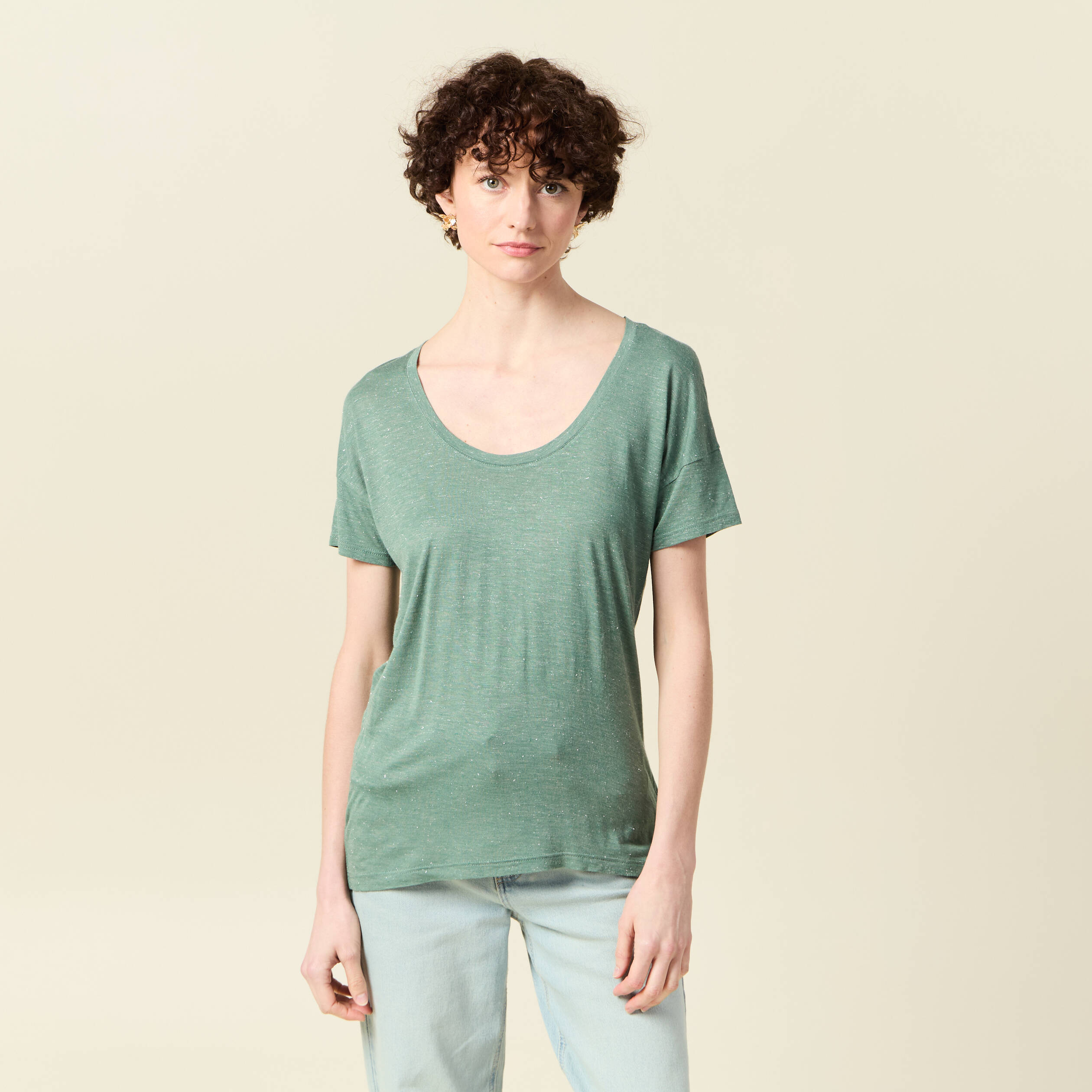 t shirt manches courtes brillant vert fonce femme T-shirt manches courtes brillant vert foncé femme