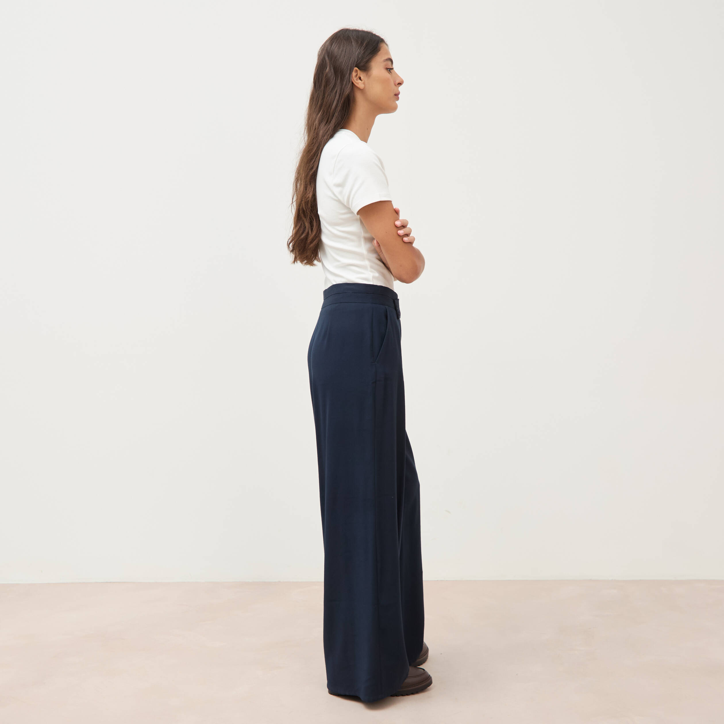 Pantalon large taille haute ceinture bleu fonc&eacute; femme
