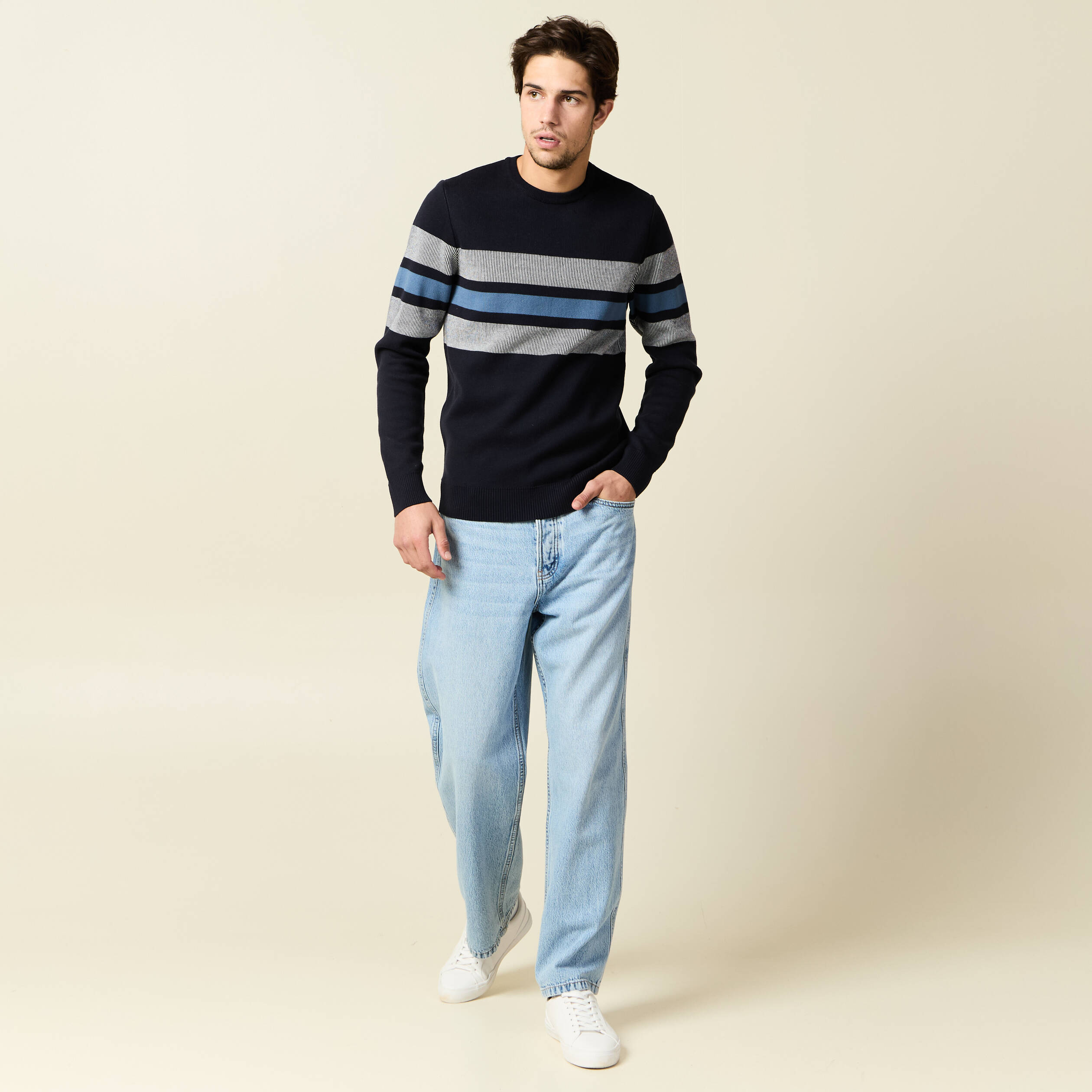 Pull manches longues bleu marine homme