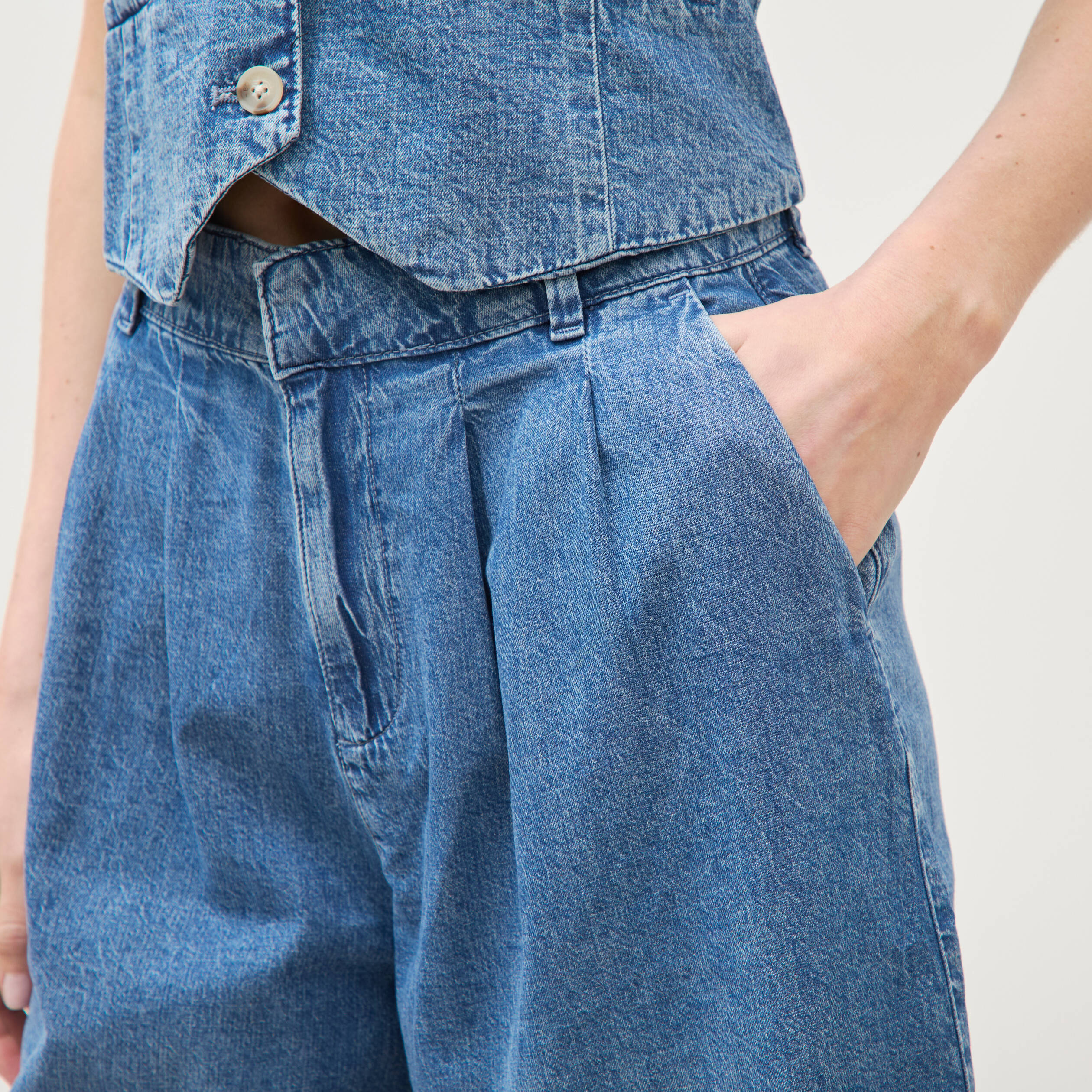 Bermuda jeans large taille haute denim used femme