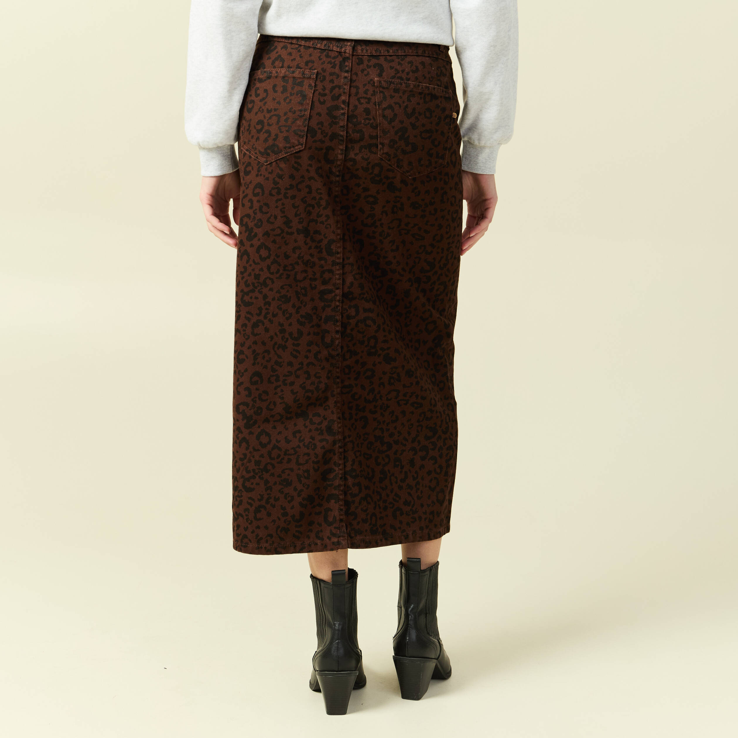 Jupe droite longue en coton marron cognac femme