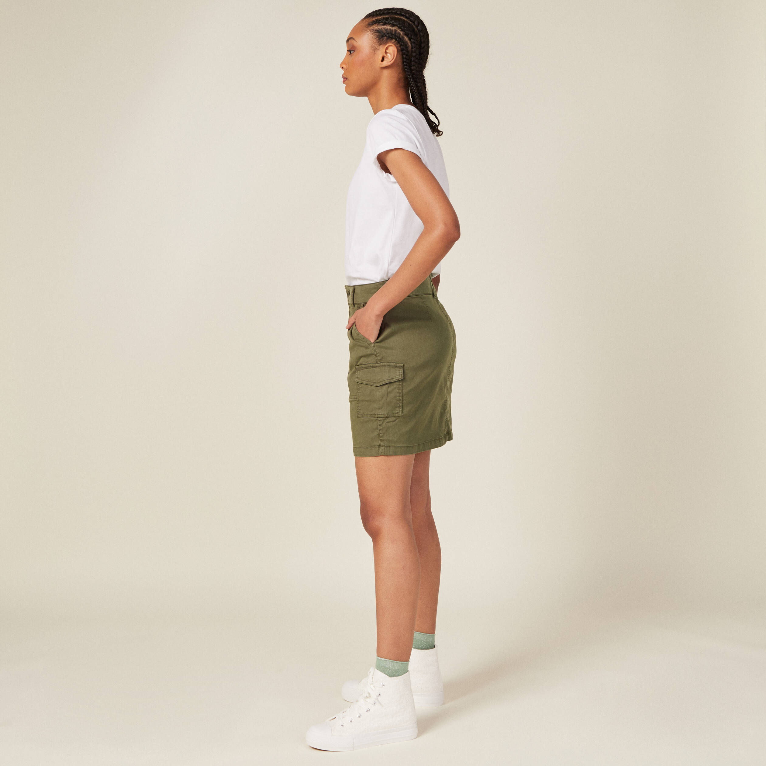 Jupe droite avec poches vert kaki femme