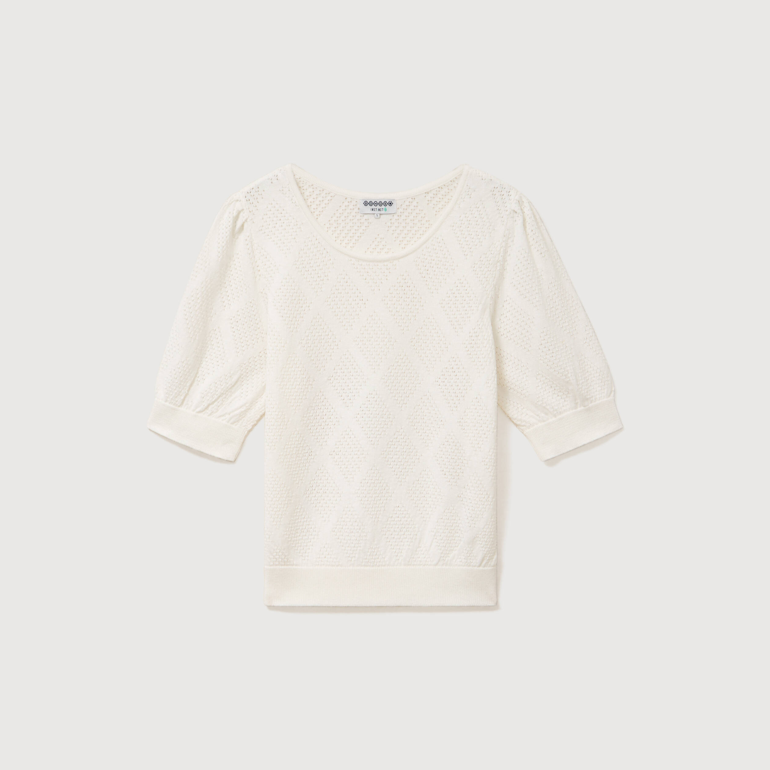 Pull ajour&eacute; droit court manches courtes ecru femme