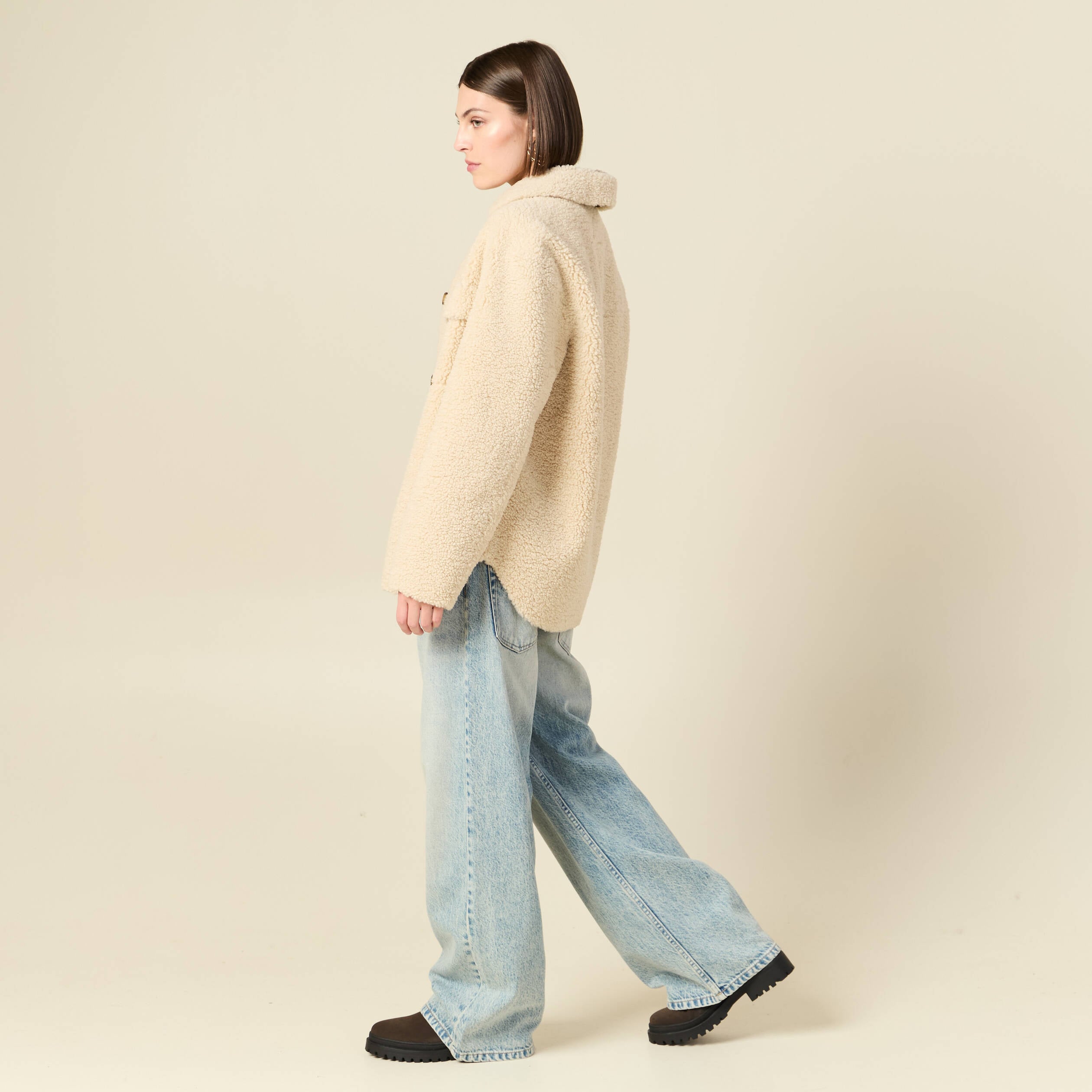 Manteau surchemise droit creme femme