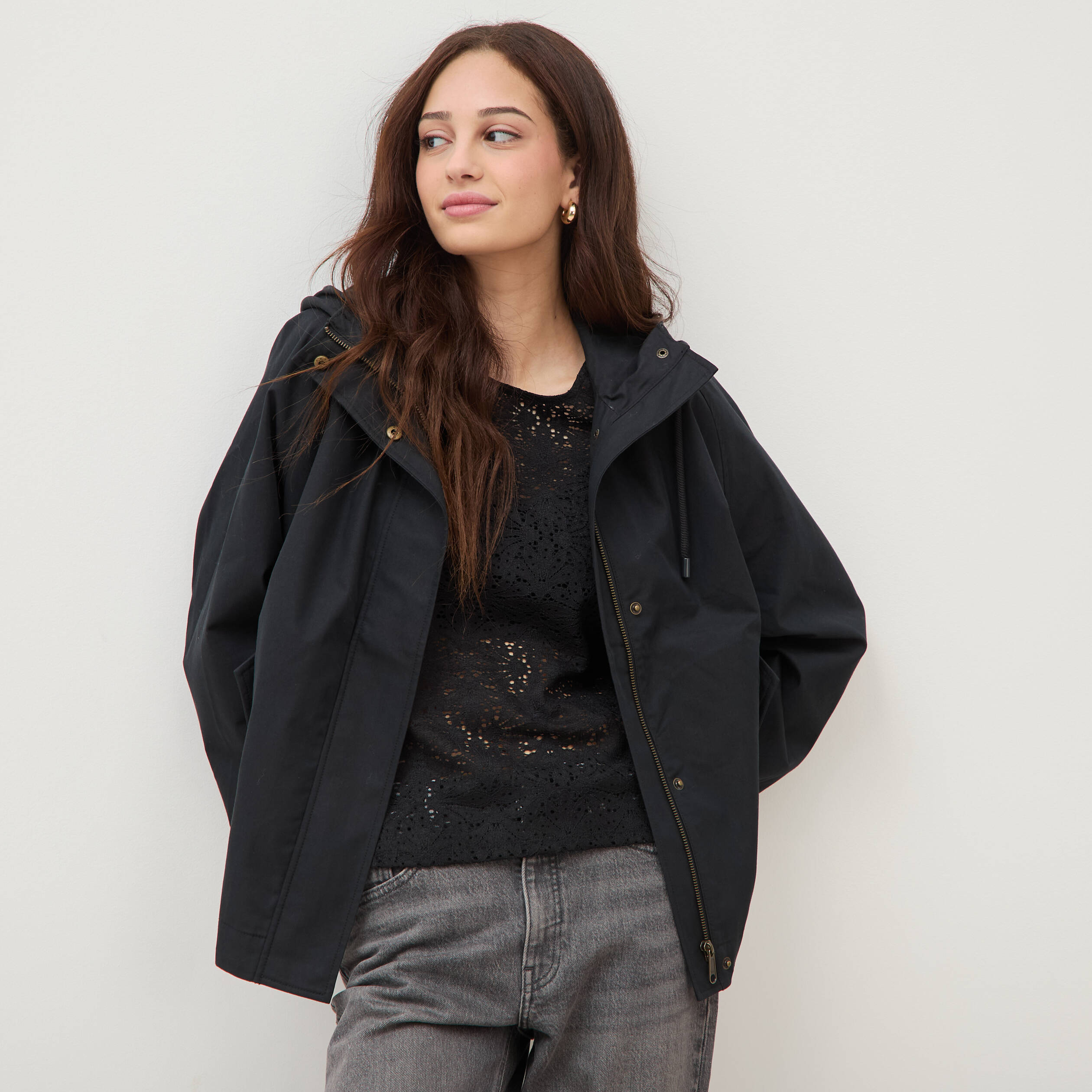 Parka oversize d&eacute;perlante &agrave; capuche noir femme