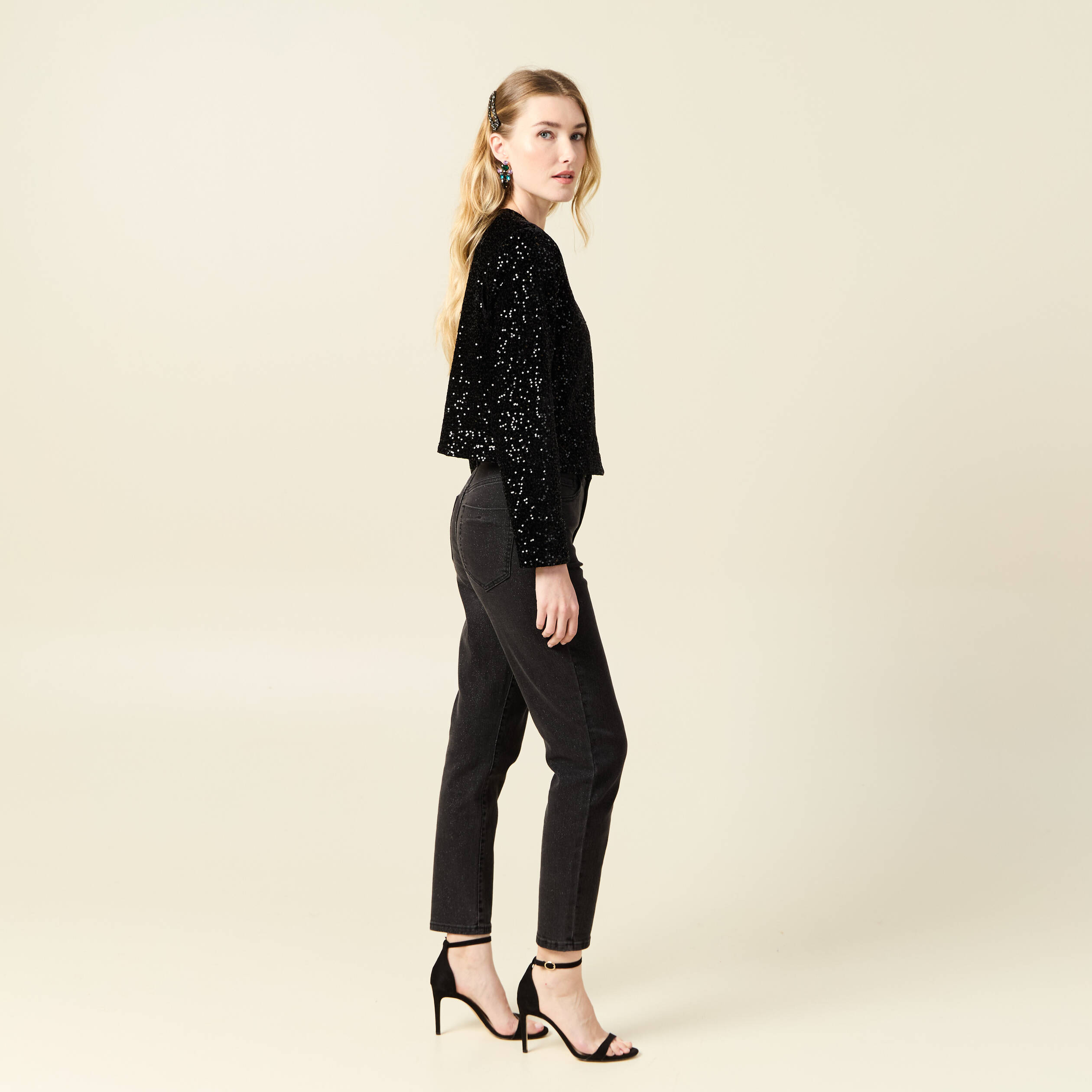 gilet manches longues sequins noir femme Gilet manches longues sequins noir femme