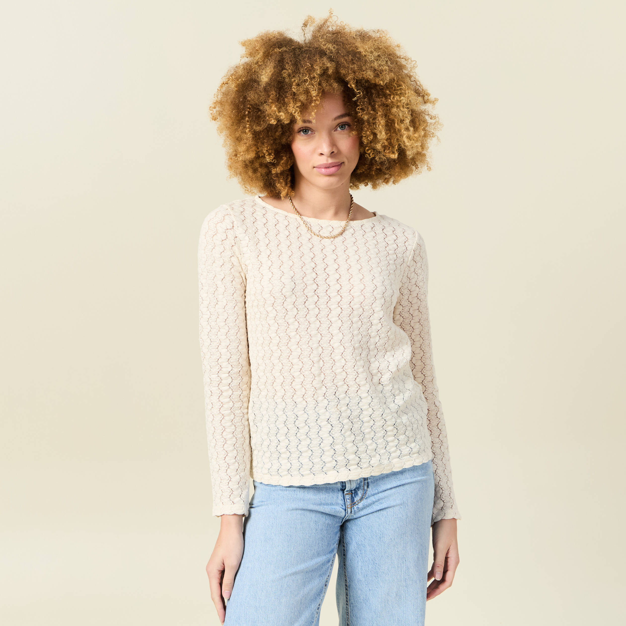 t shirt manches longues ajoure ecru femme T-shirt manches longues ajouré ecru femme