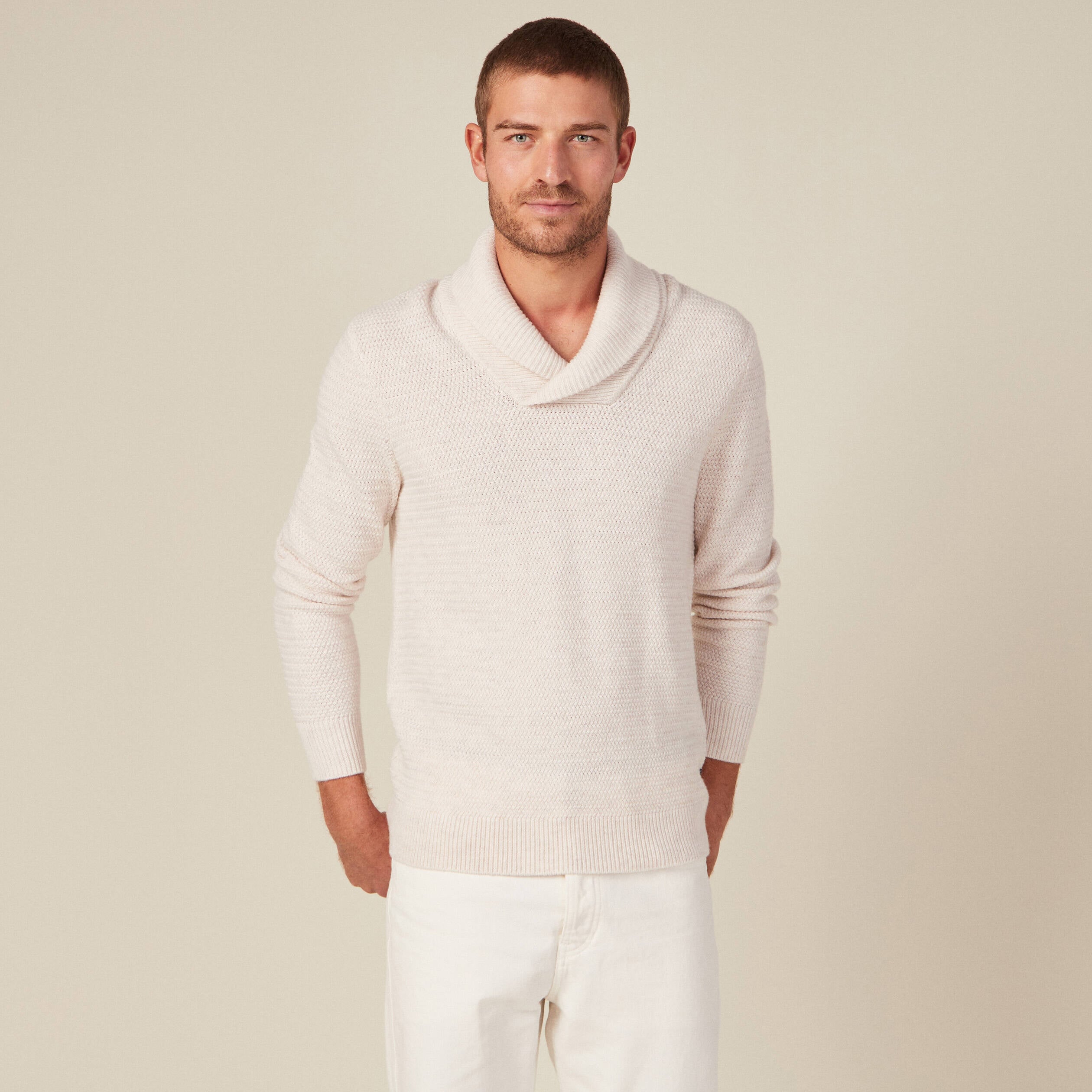 Pull manches longues col ch&acirc;le ecru homme