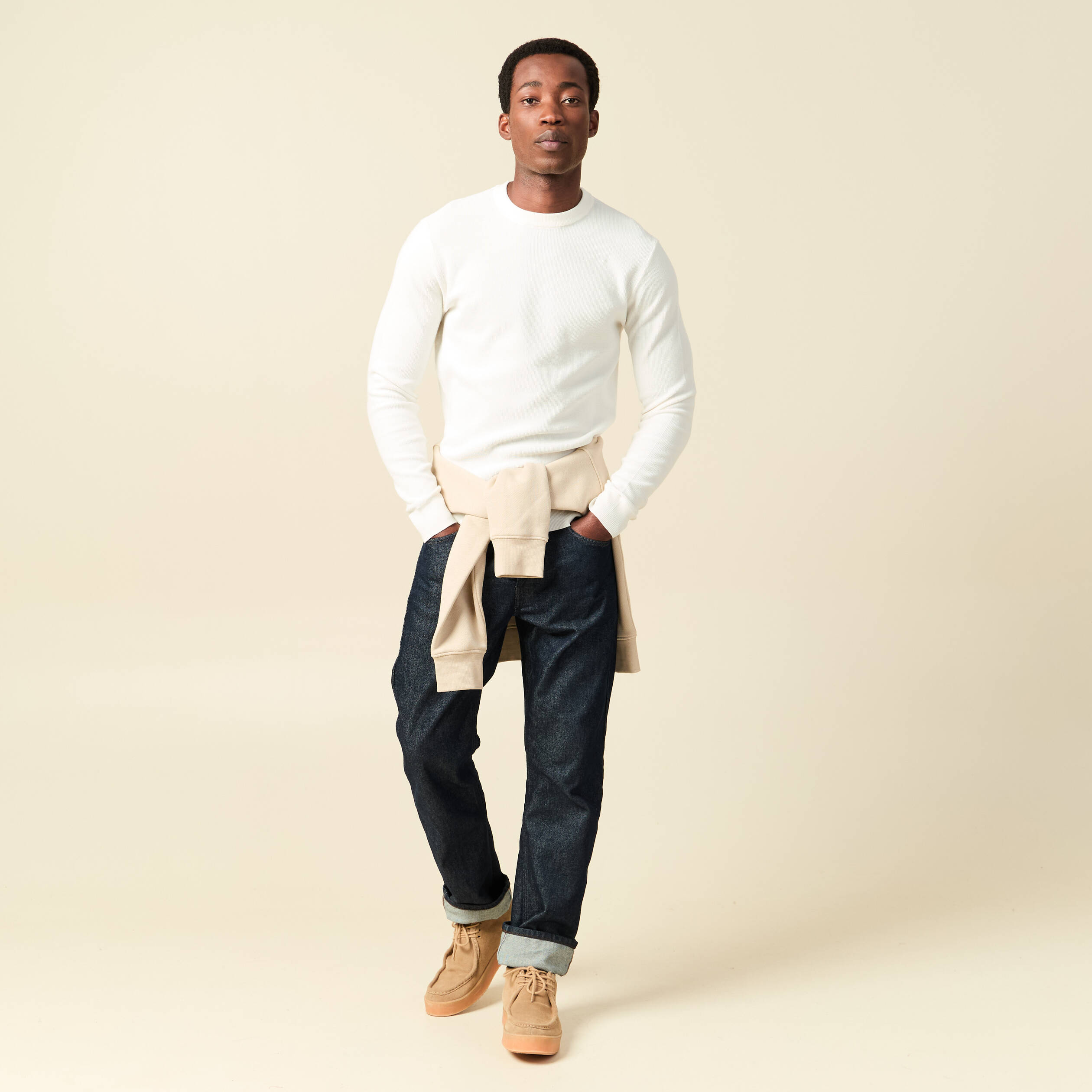 Pull fin col rond manches longues ecru homme