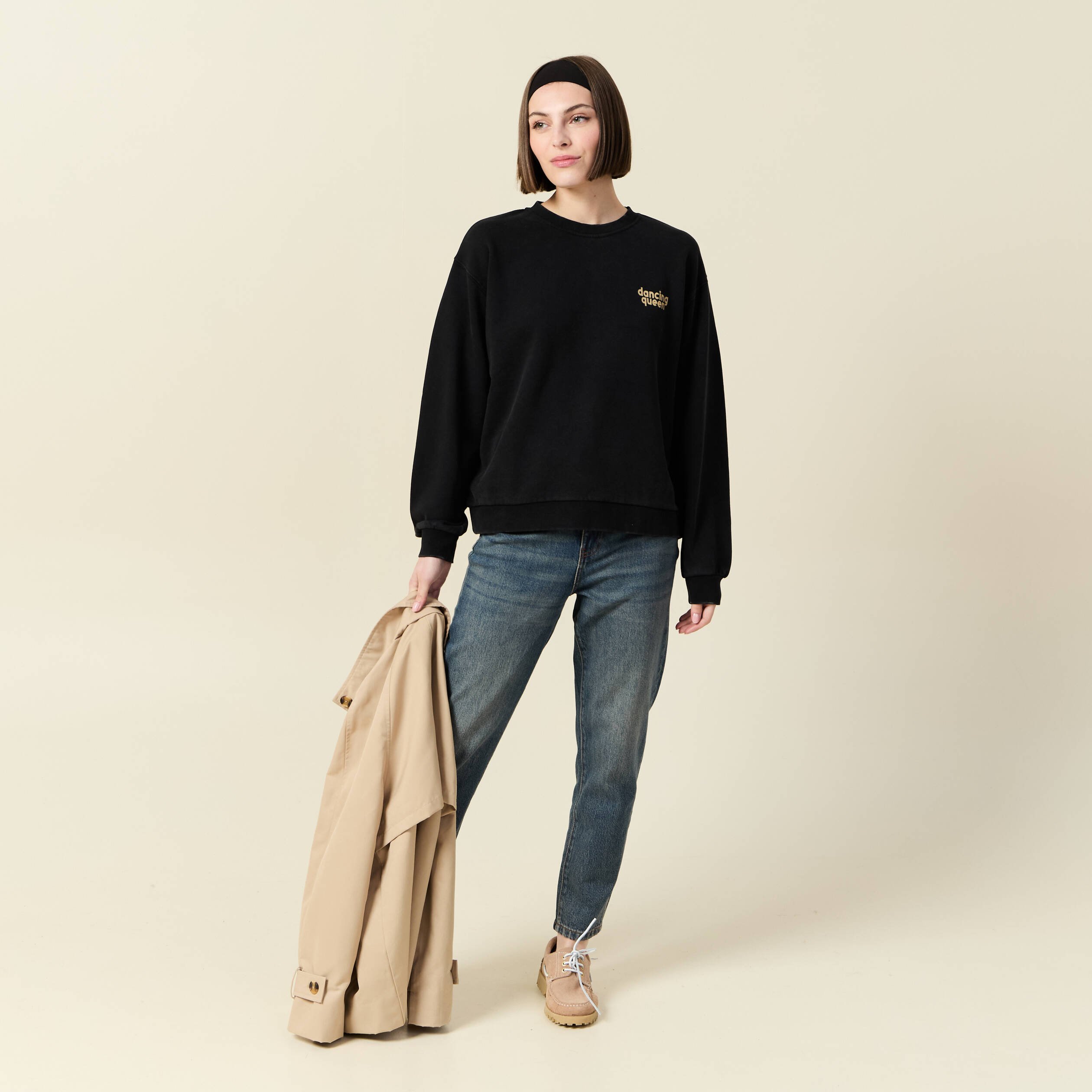 sweat col rond manches longues en coton noir femme Sweat col rond manches longues en coton noir femme