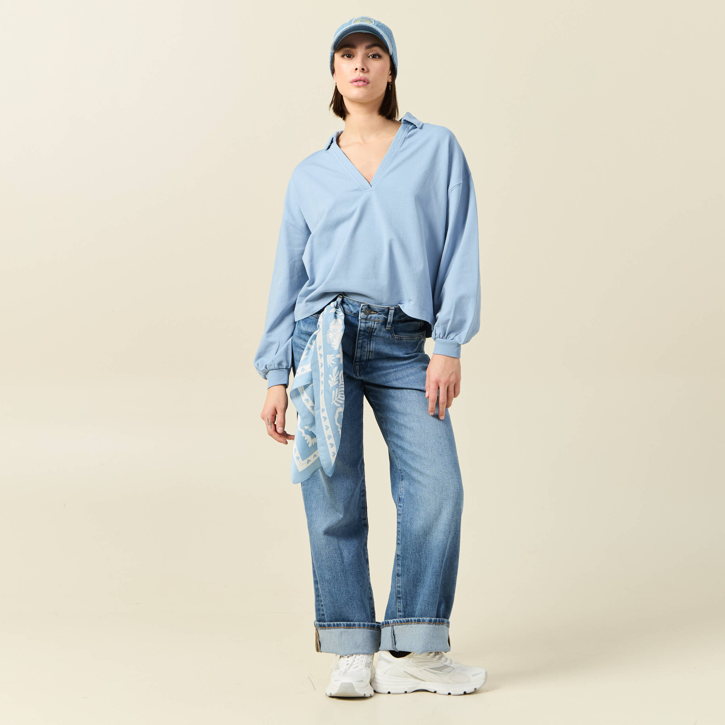sweat manches longues col polo bleu clair femme Sweat manches longues col polo bleu clair femme