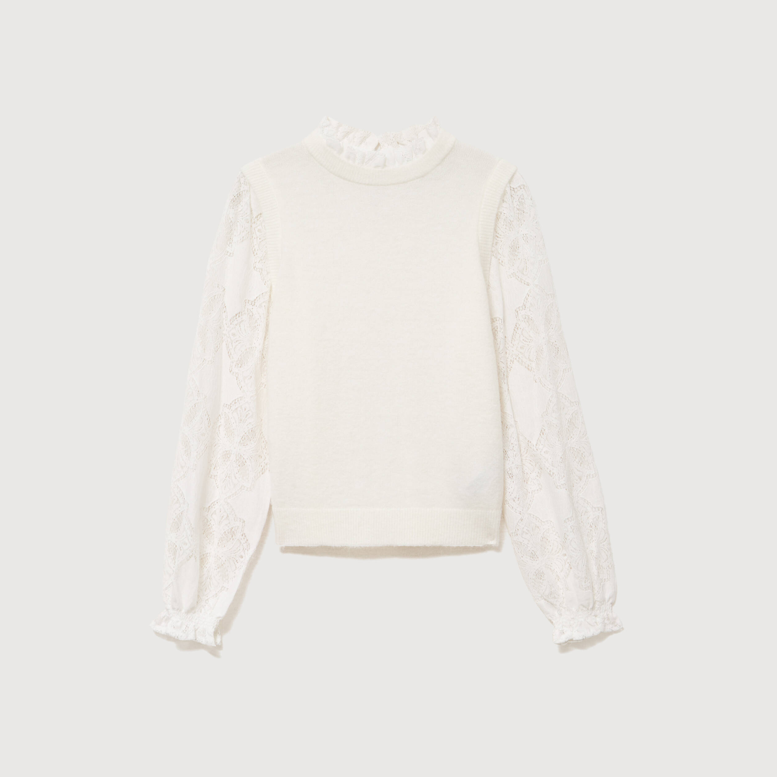 Pull droit col &agrave; volants manches longues ecru femme