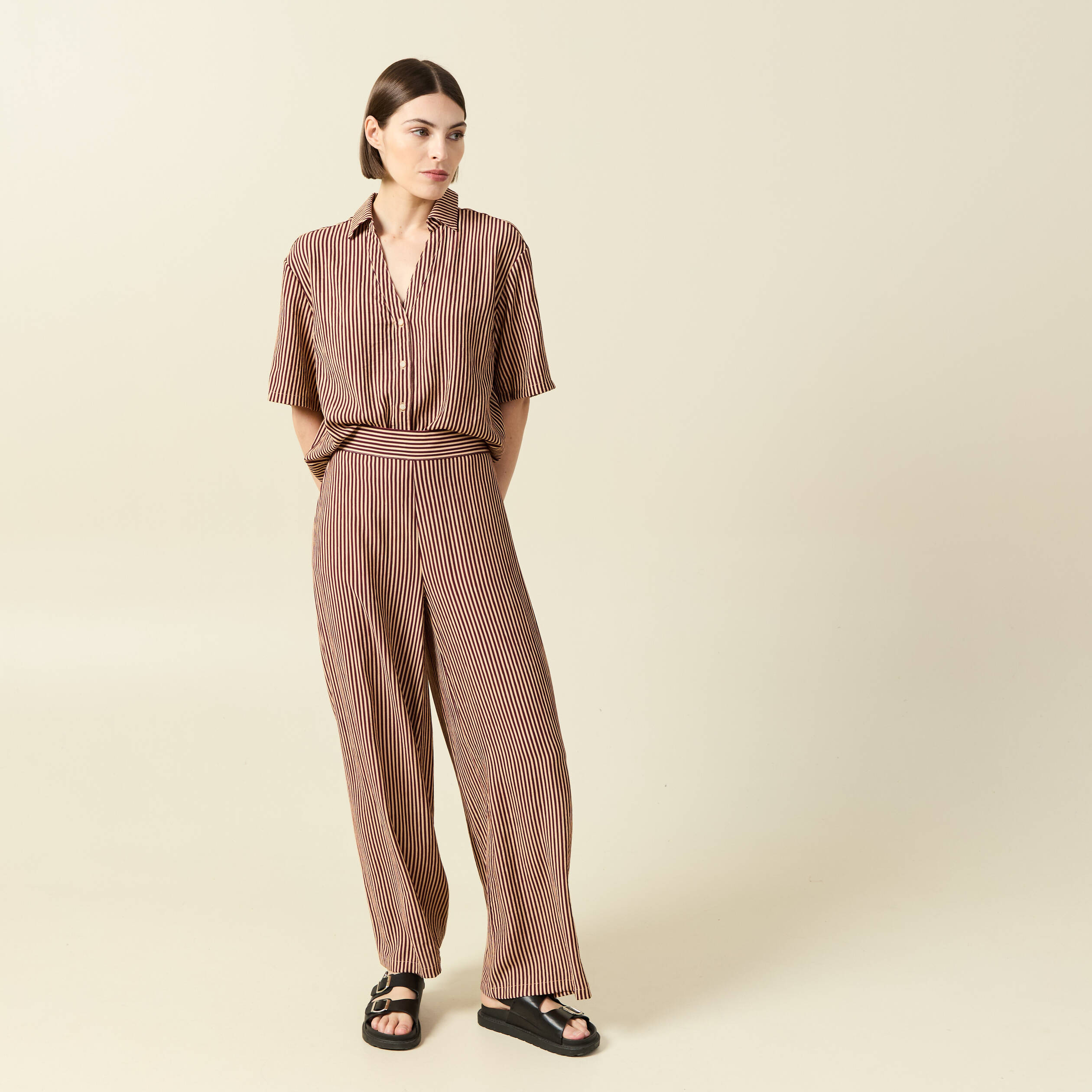 Pantalon large taille haute ray&eacute; violet femme