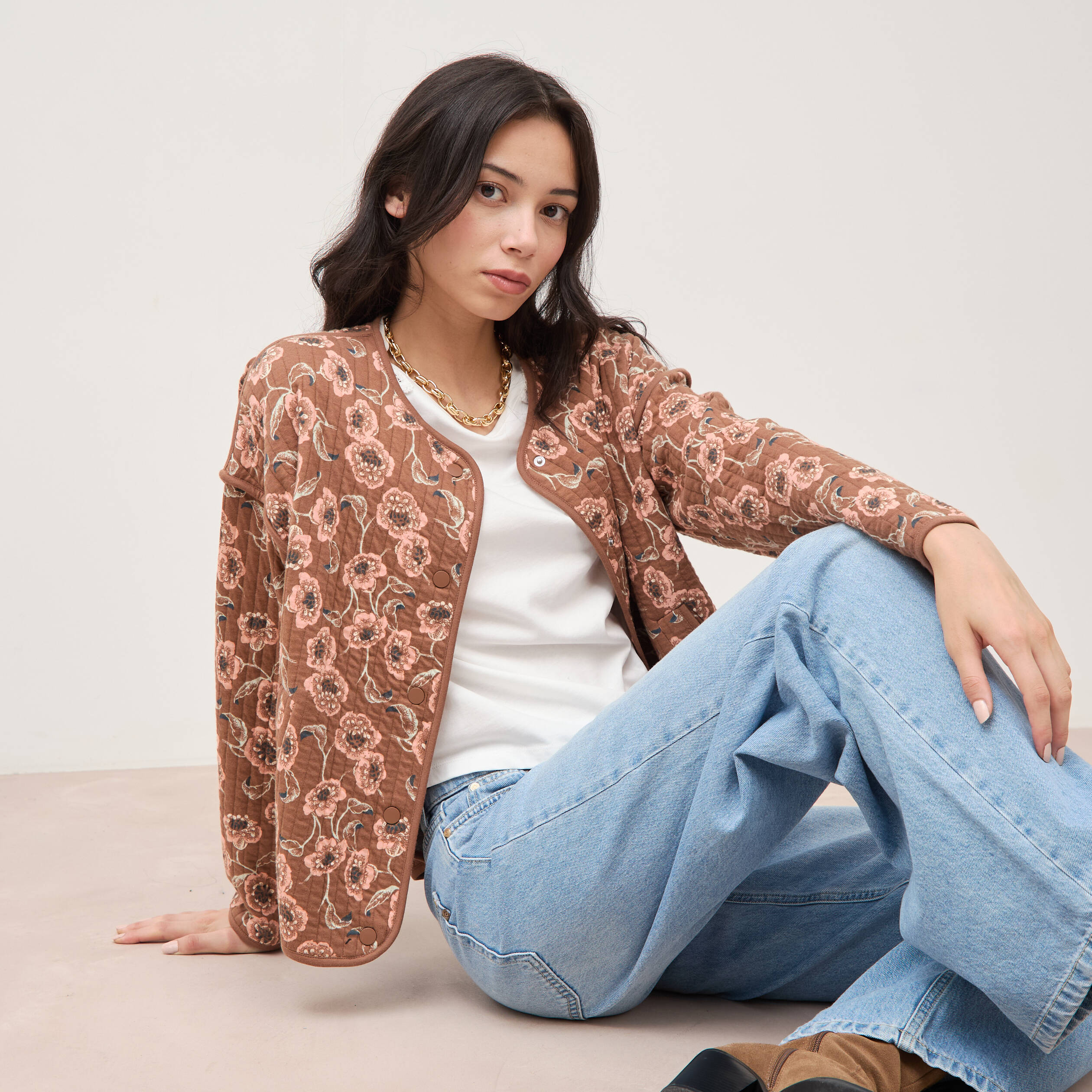 Veste droite manches longues col rond camel femme