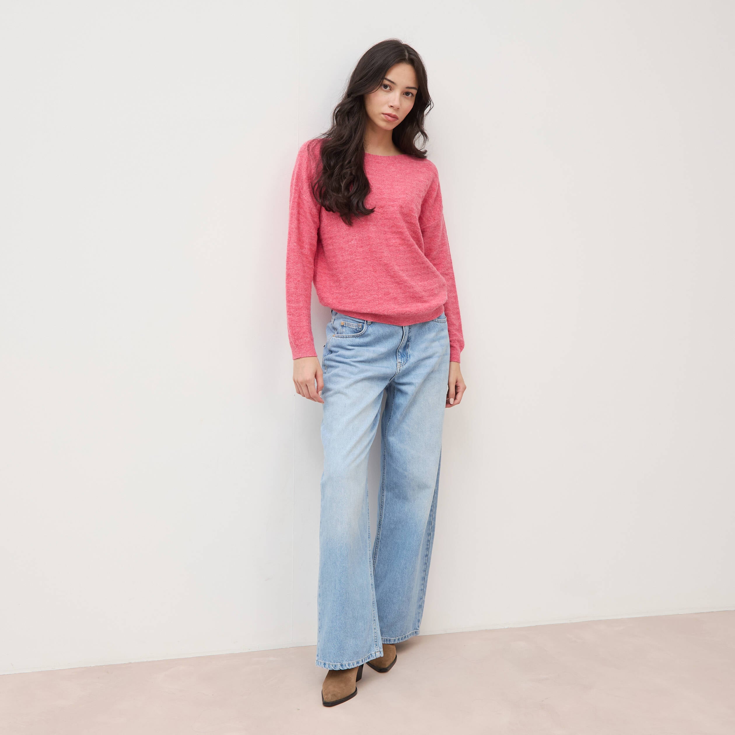 Pull manches longues col bateau vieux rose femme