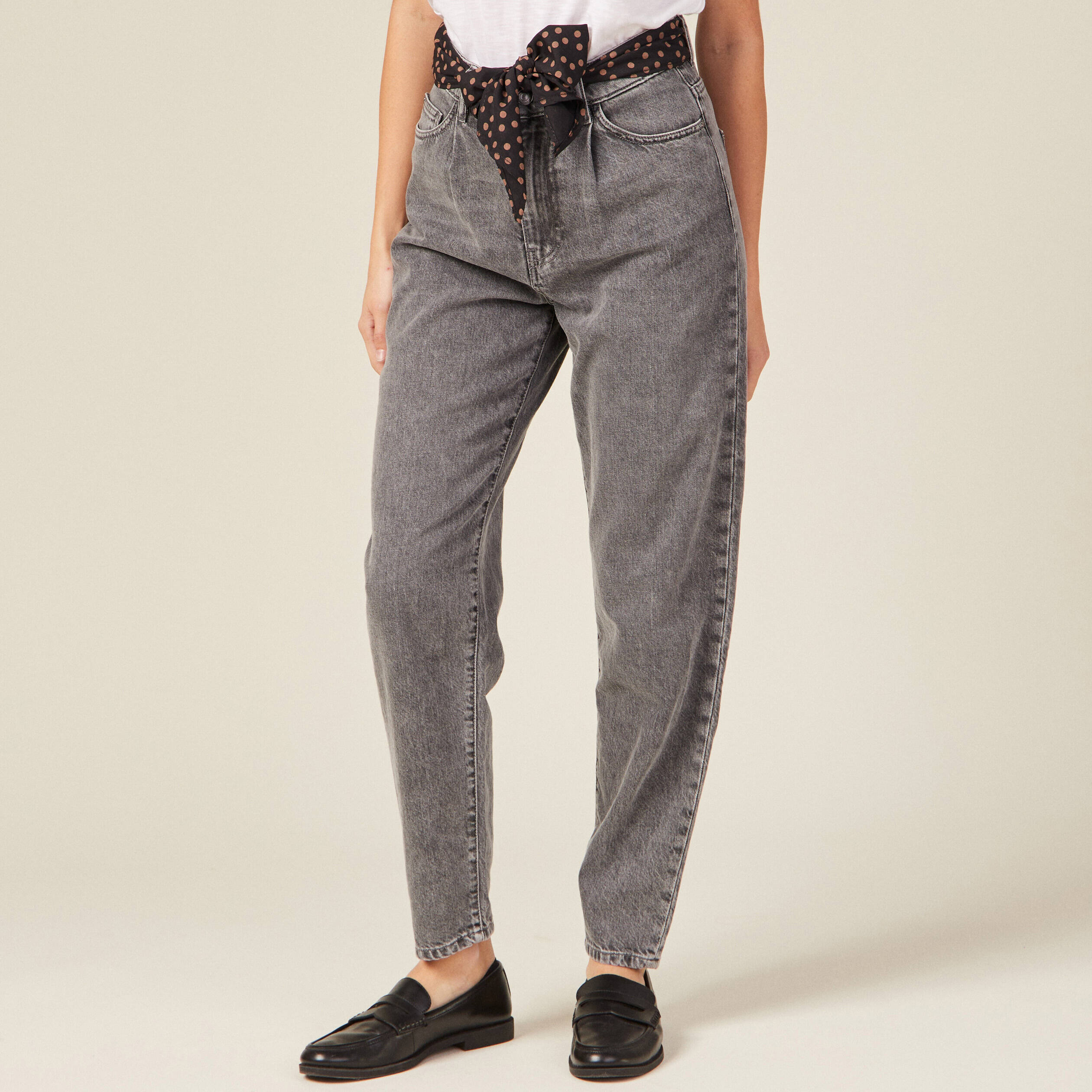 Jeans slouchy ceinturé denim snow gris femme