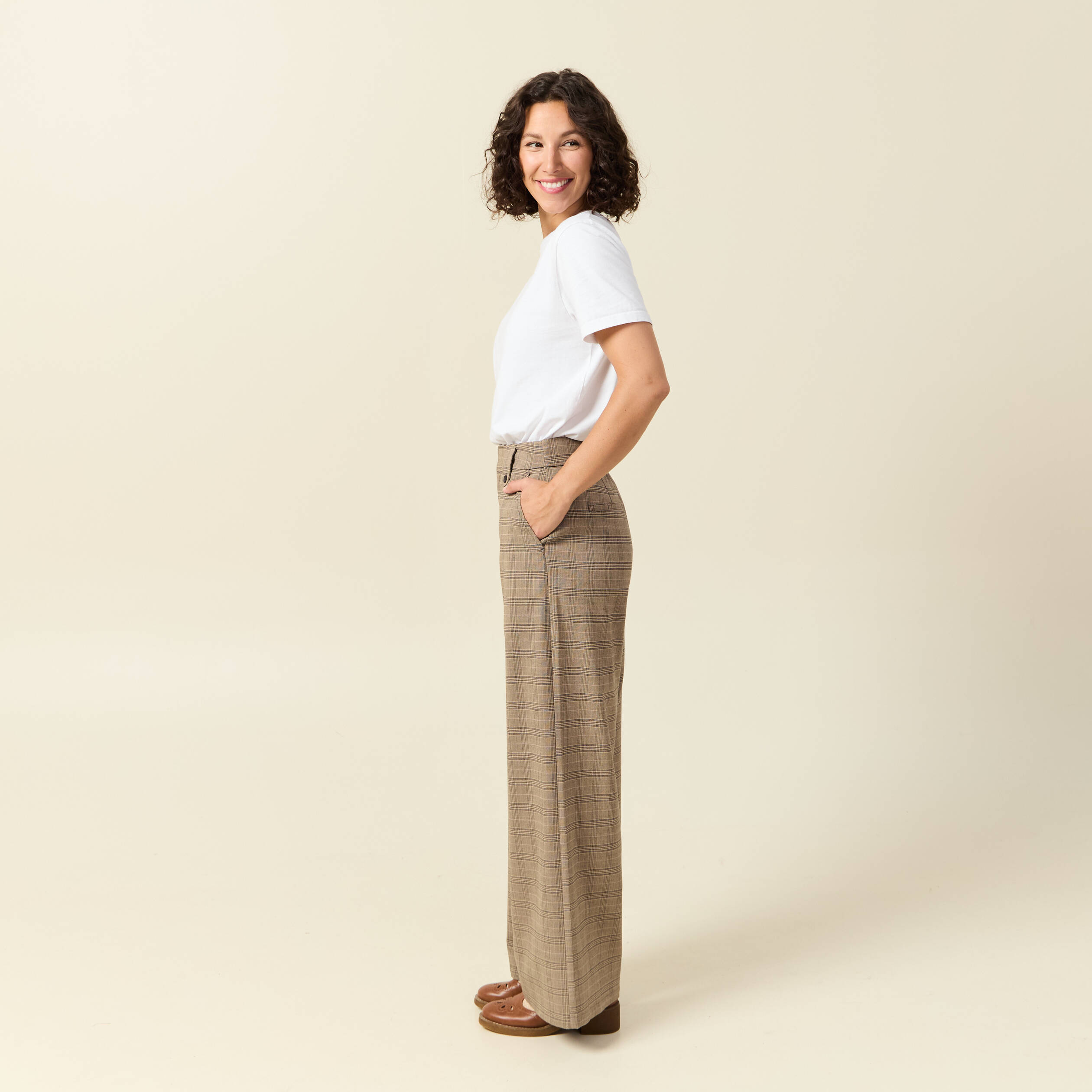 Pantalon large taille haute fluide beige fonce femme