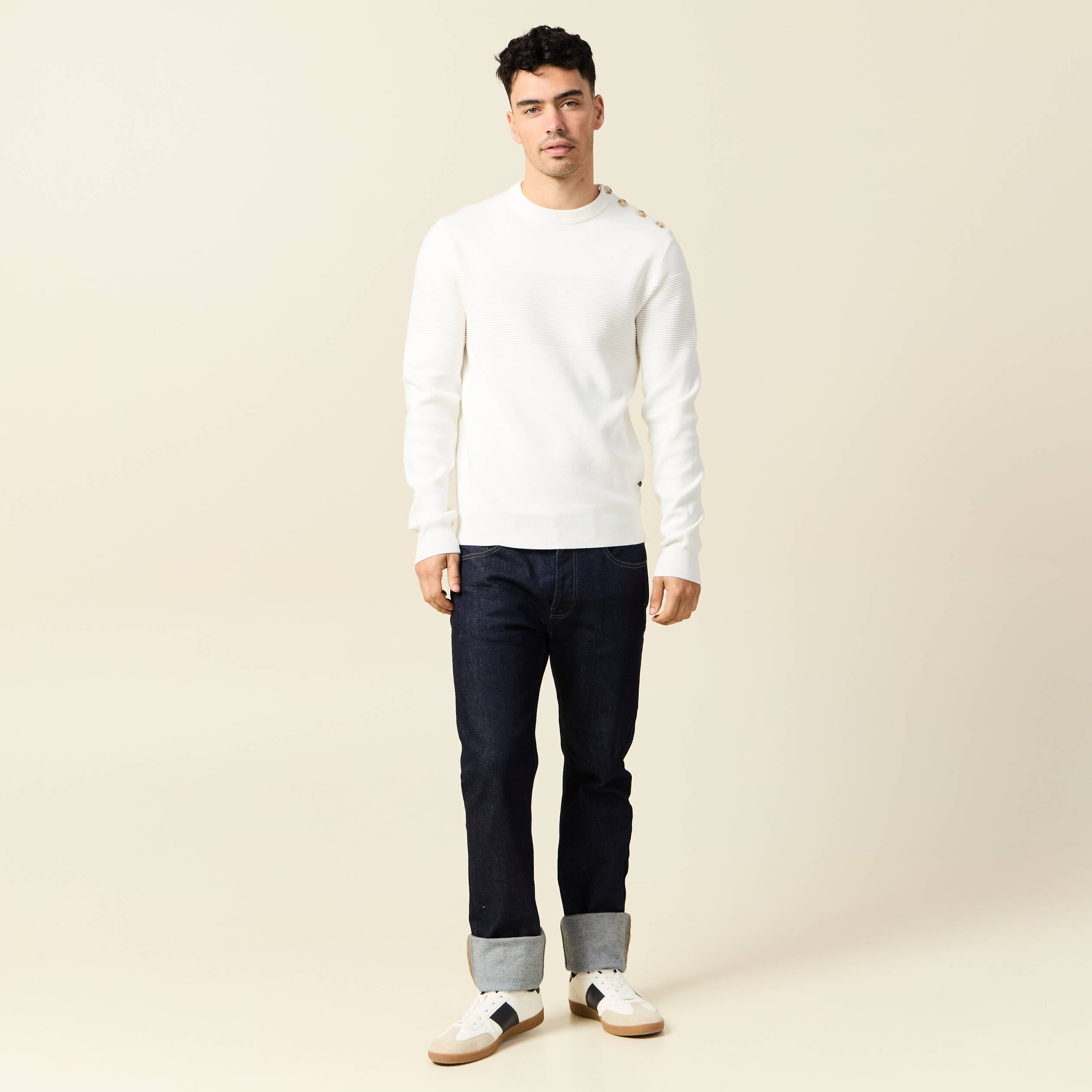 Pull manches longues col rond ecru homme
