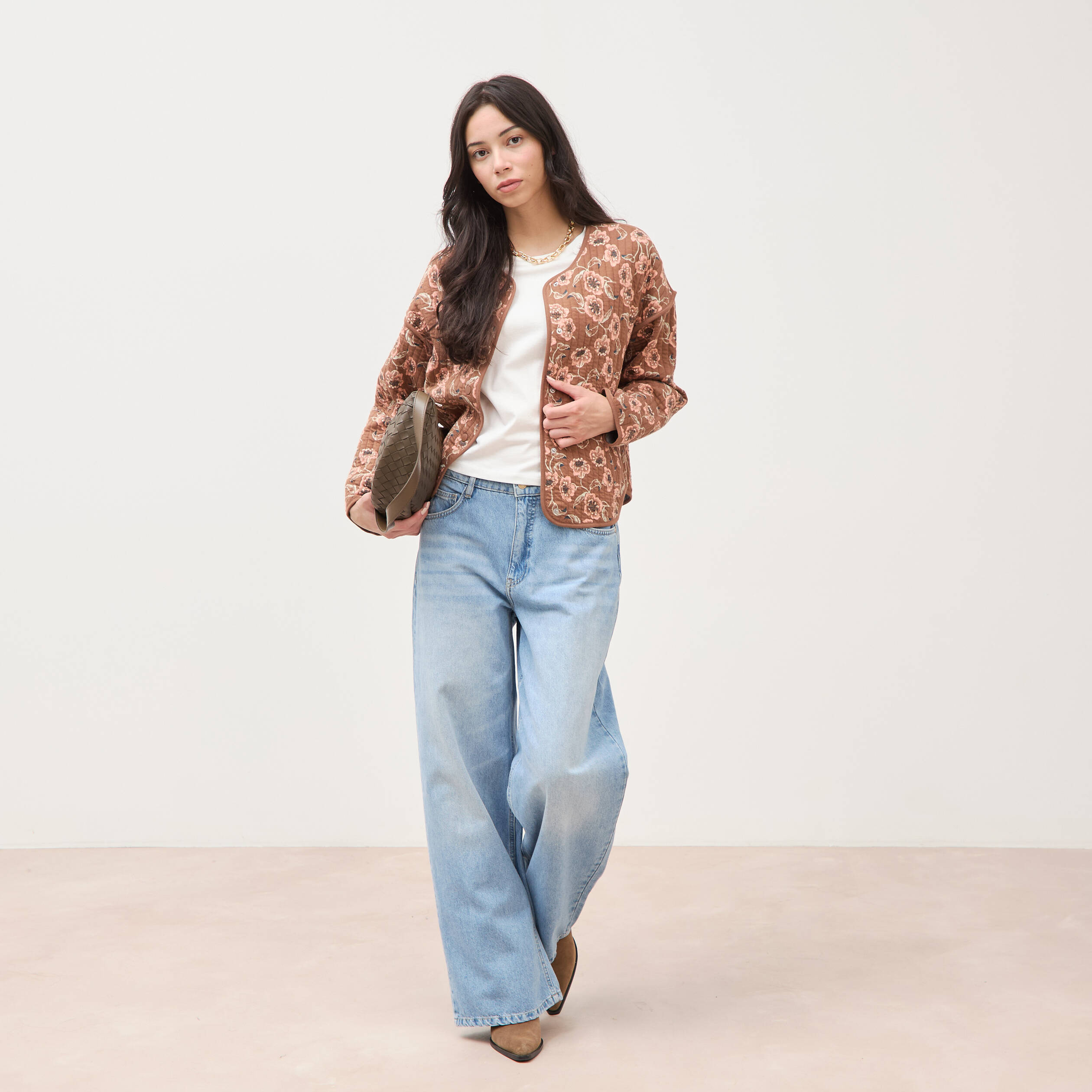 Veste droite manches longues col rond camel femme