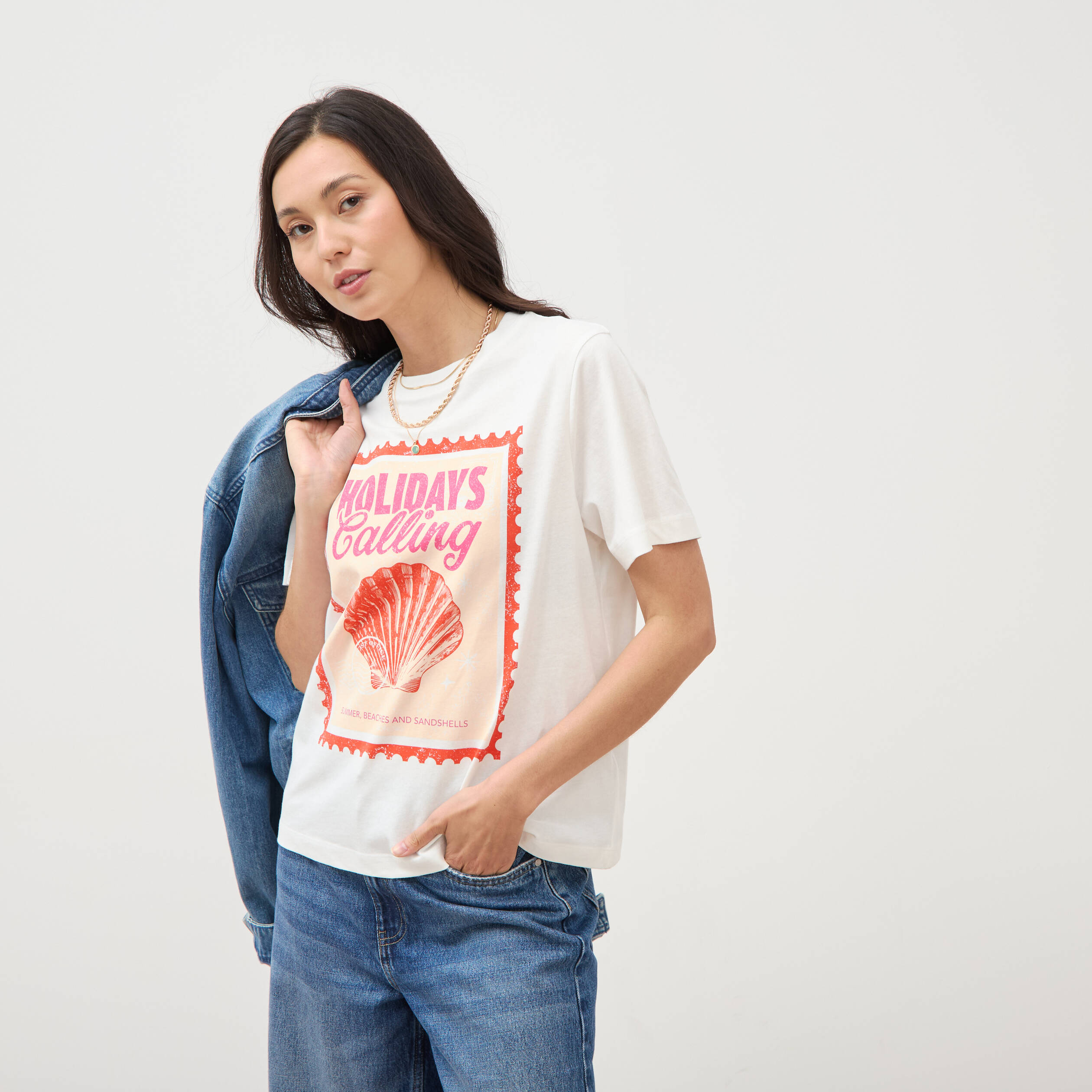 T-shirt droit en coton manches courtes ecru femme
