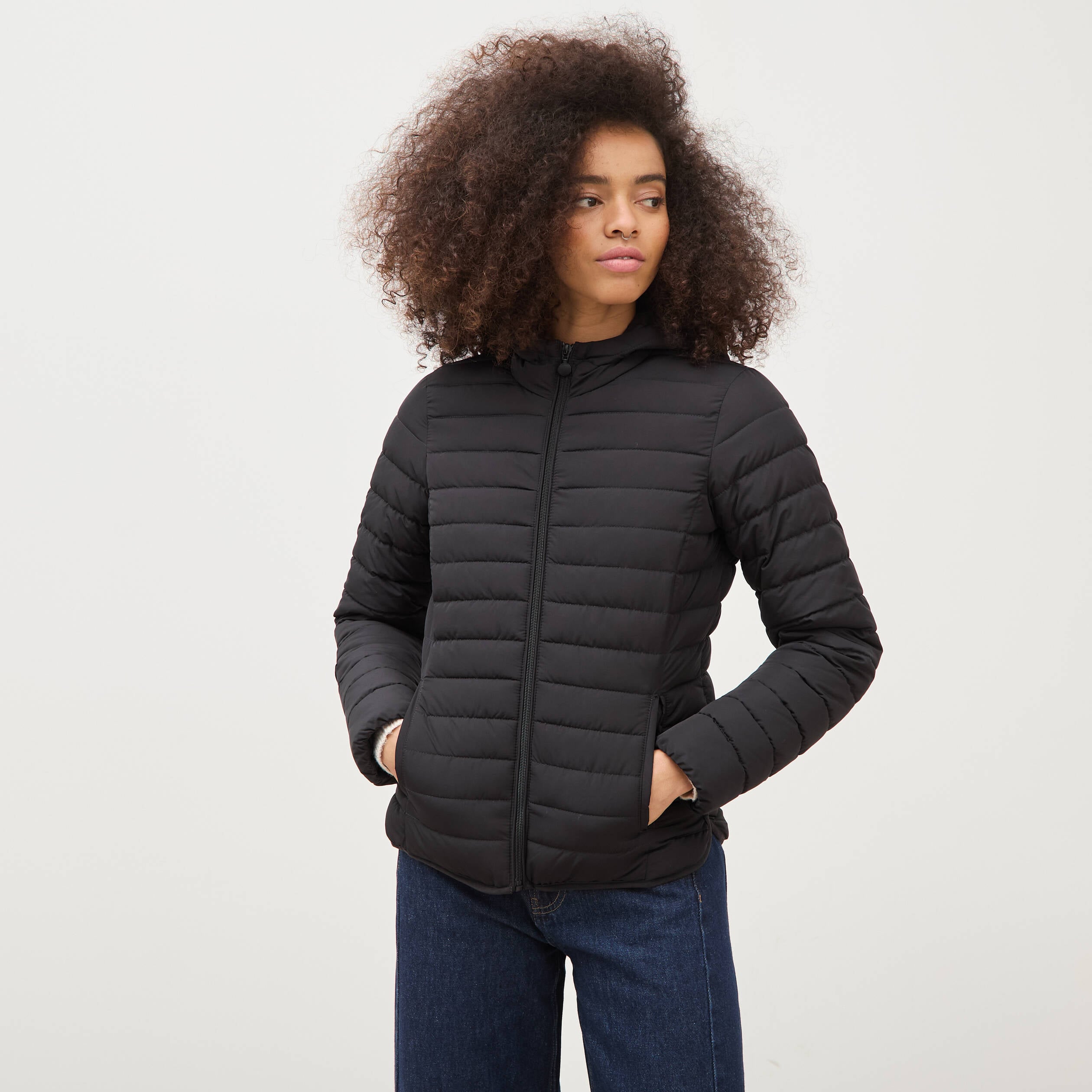 Doudoune ajust&eacute;e mi-longue &agrave; capuche noir femme
