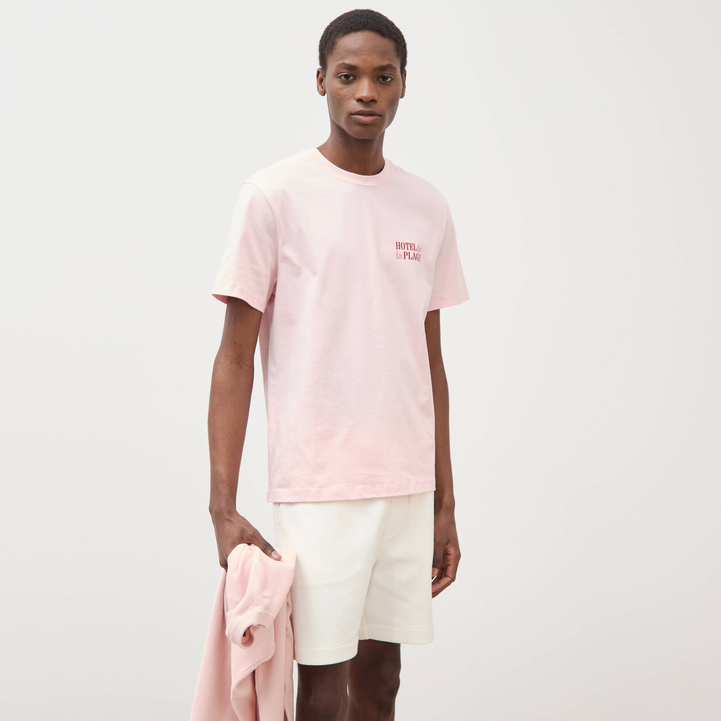 T-shirt droit en coton col rond rose poudr&eacute;e homme