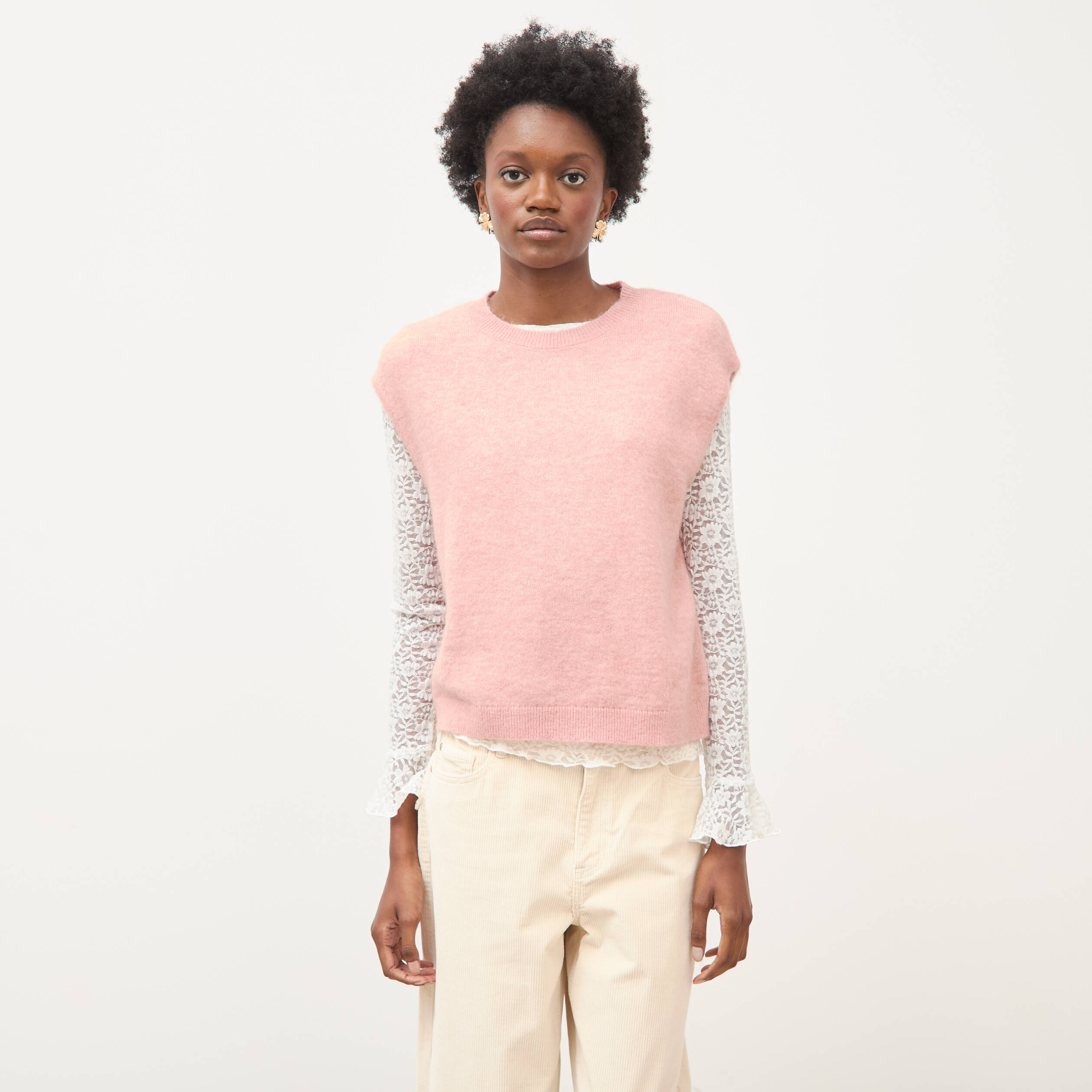 Pull droit court sans manches col rond rose pastel femme