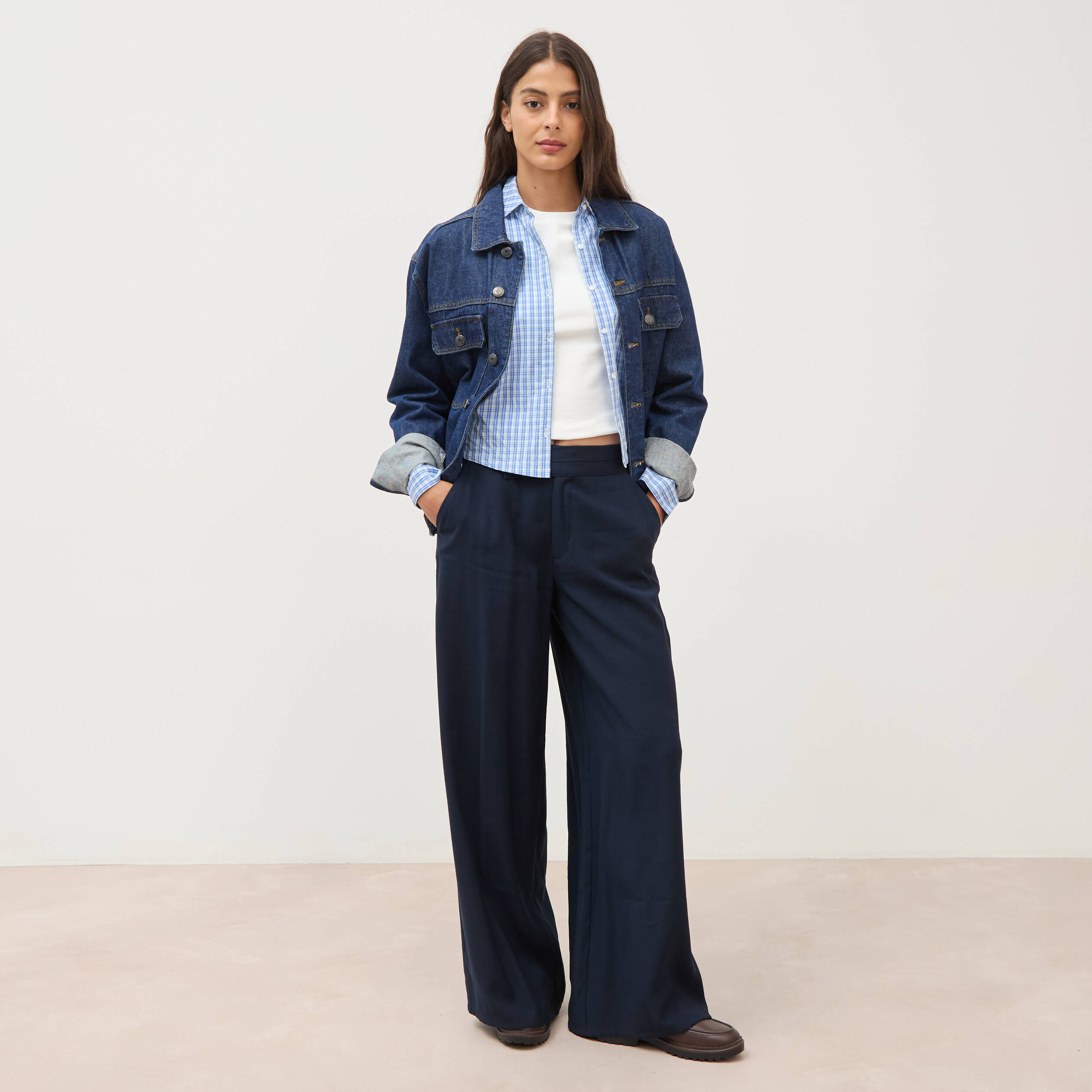 Pantalon large taille haute ceinture bleu fonc&eacute; femme