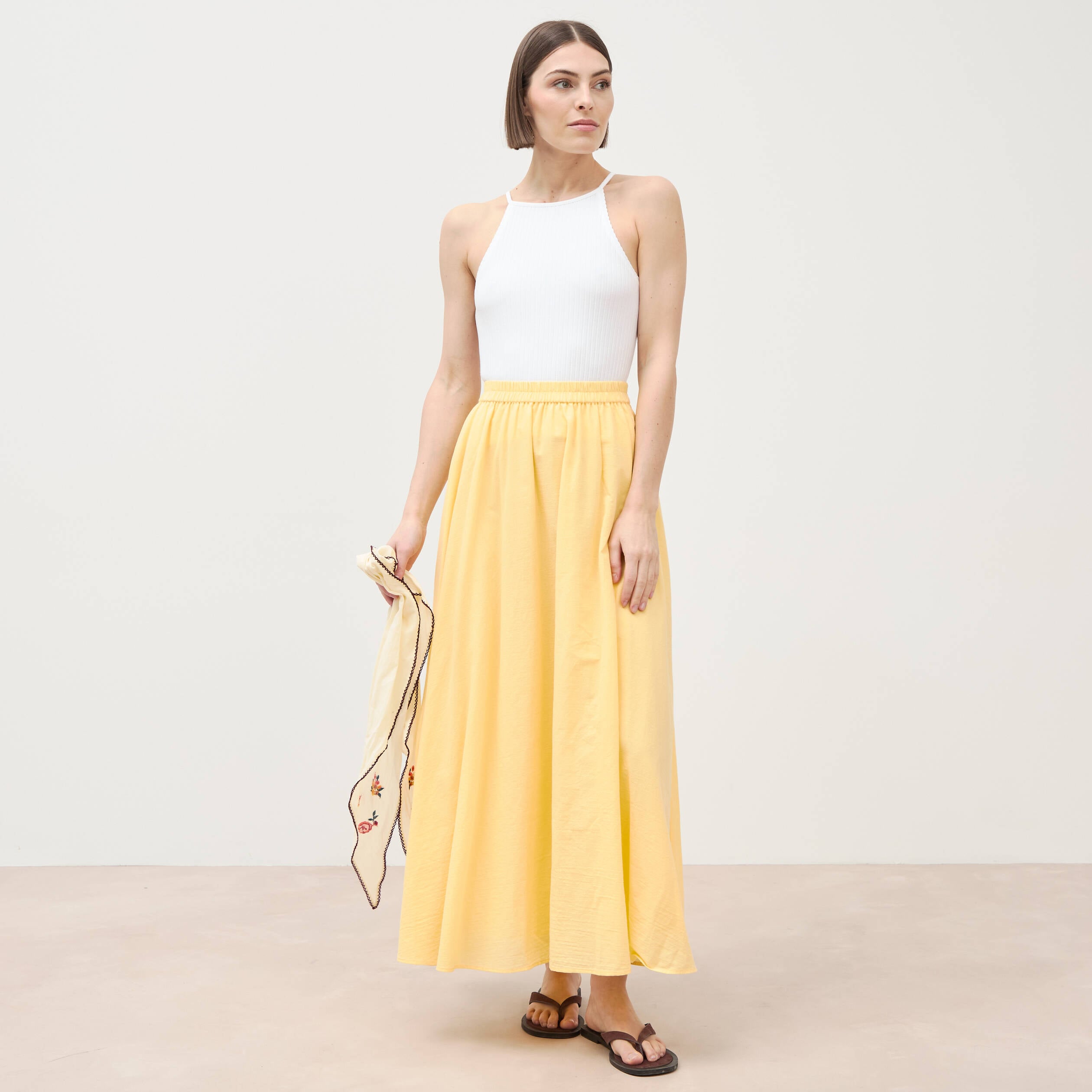 Jupe longue &eacute;vas&eacute;e en coton doubl&eacute;e jaune clair femme