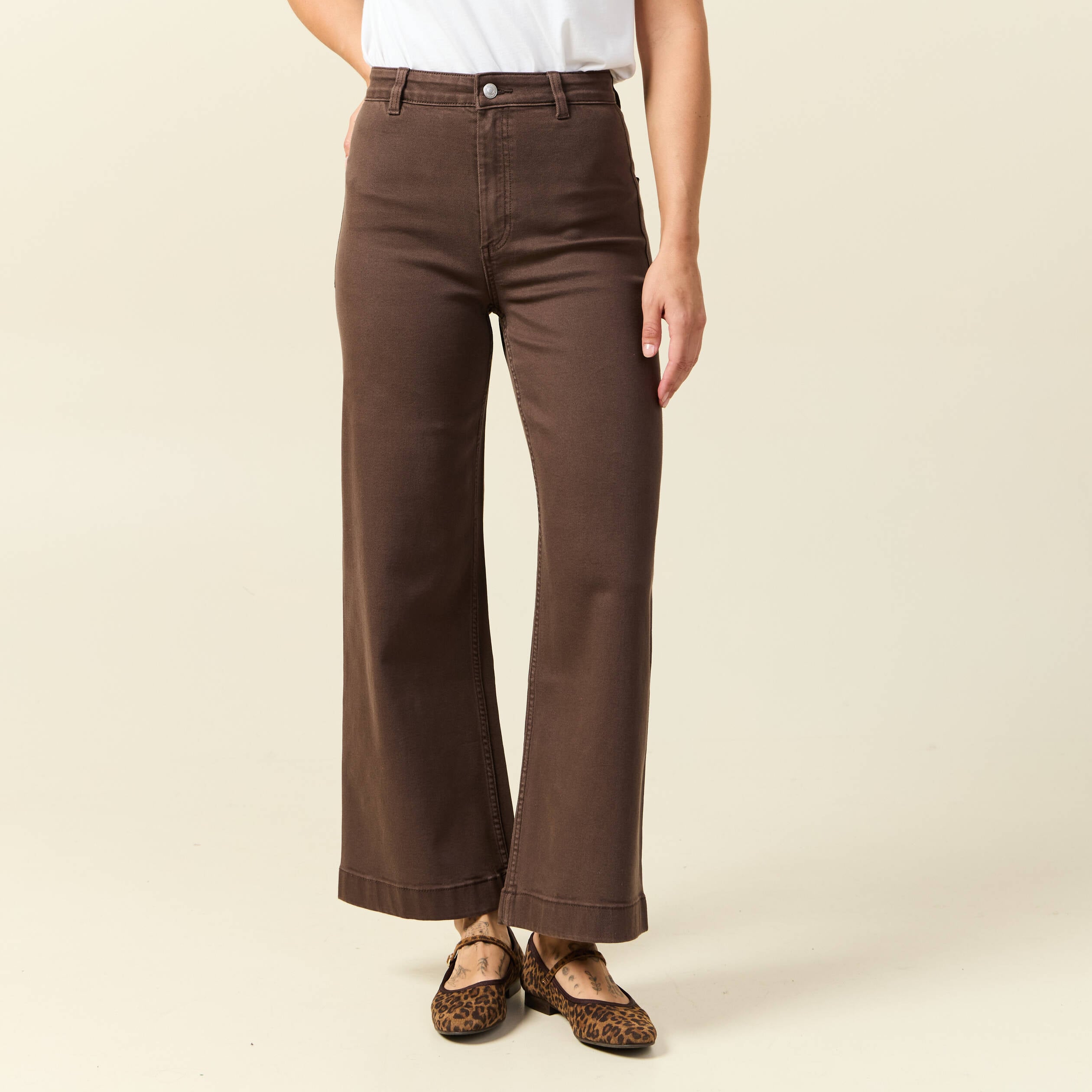 Jeans large cropped taille haute marron femme