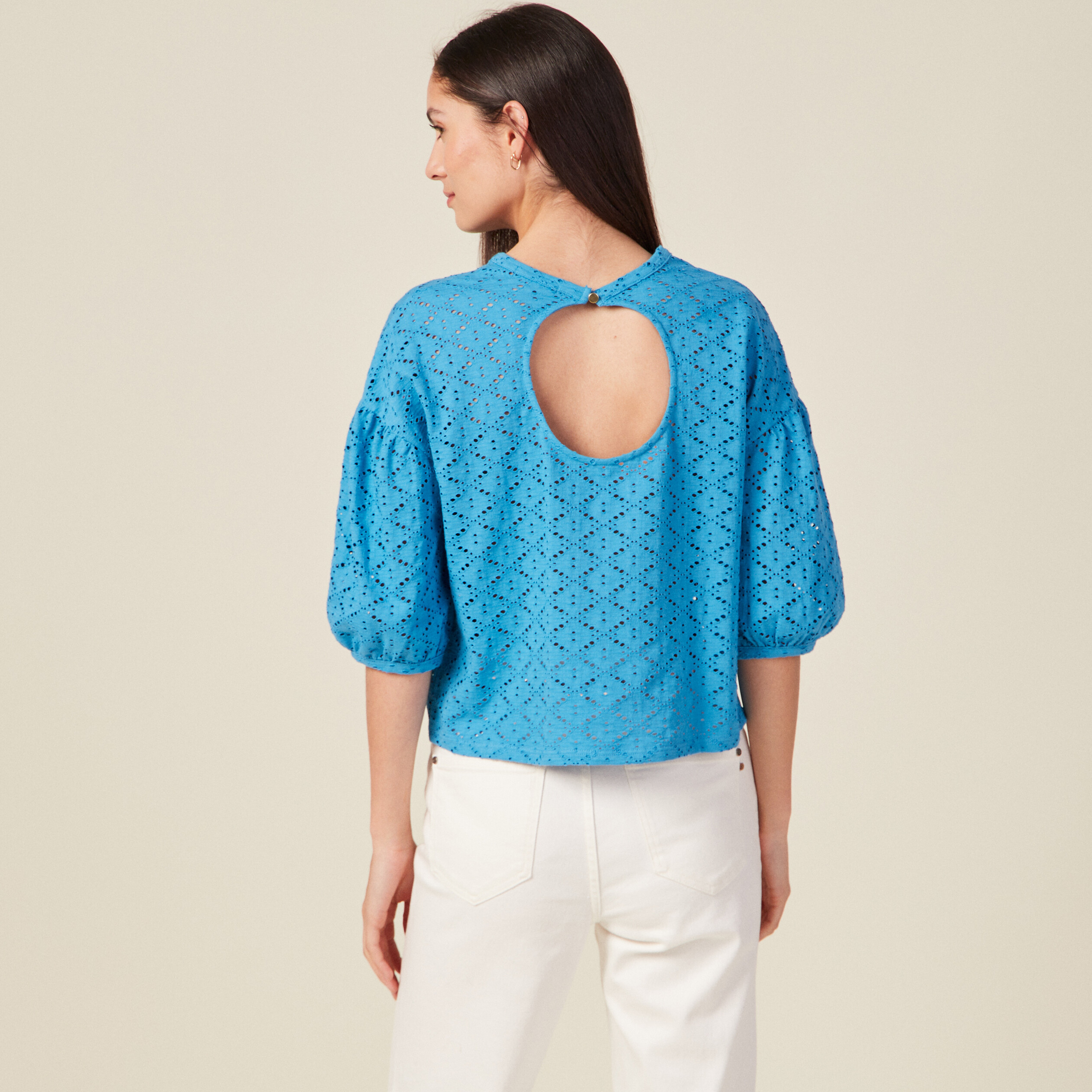 t shirt manches 34 ajoure bleu femme T-shirt manches 3/4 ajouré bleu femme