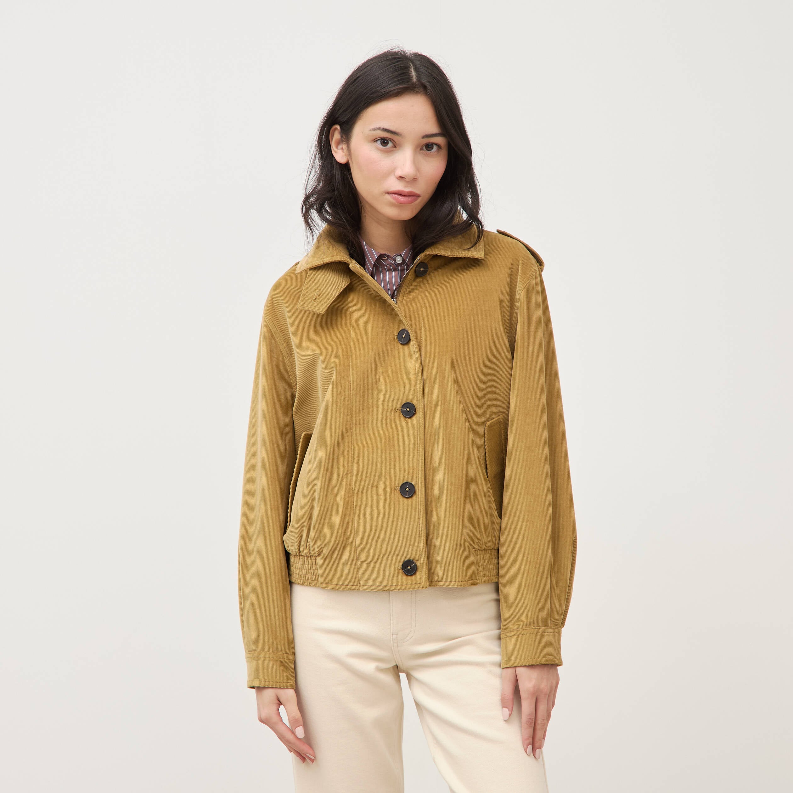 Veste en velours col biker camel femme