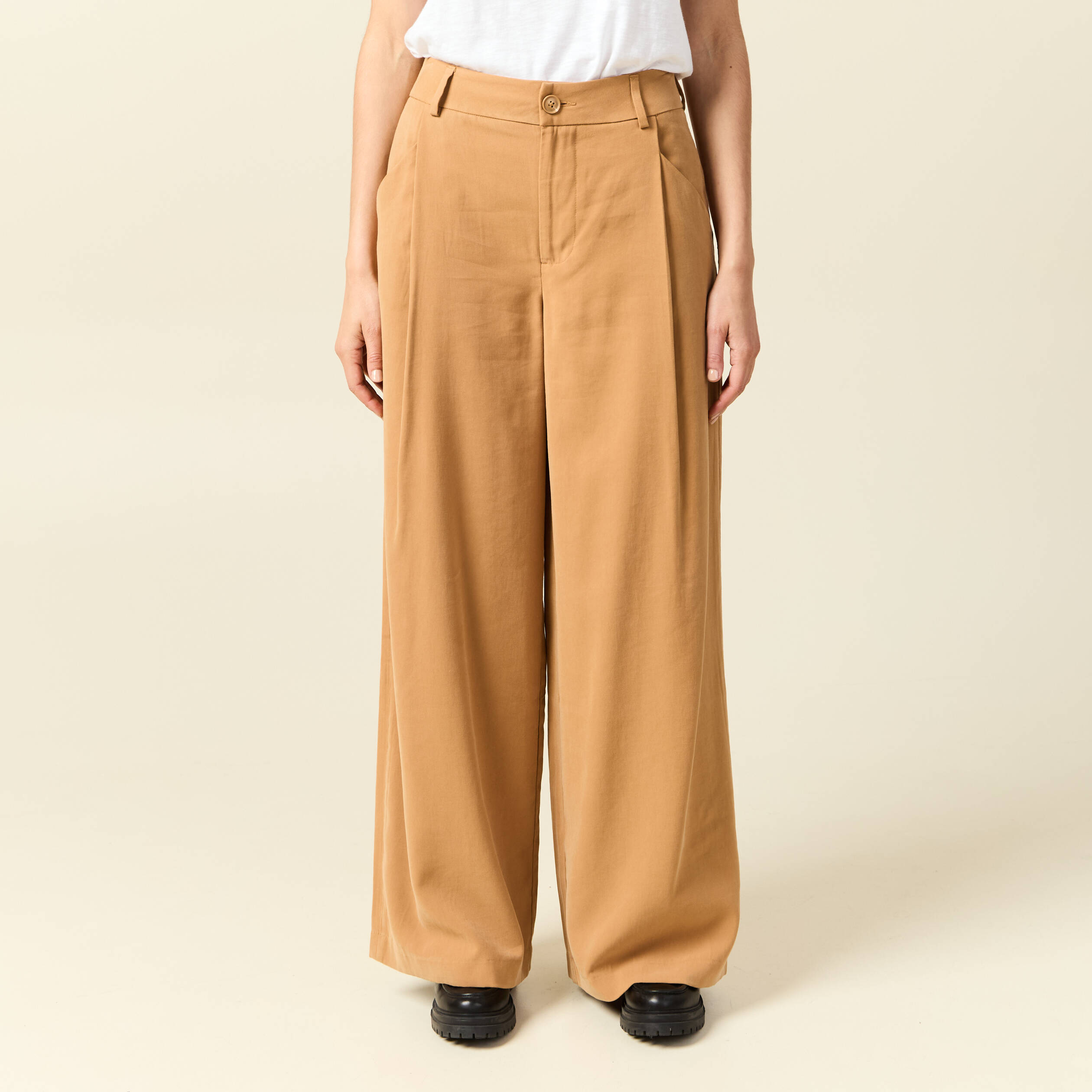 Pantalon large taille haute marron clair femme