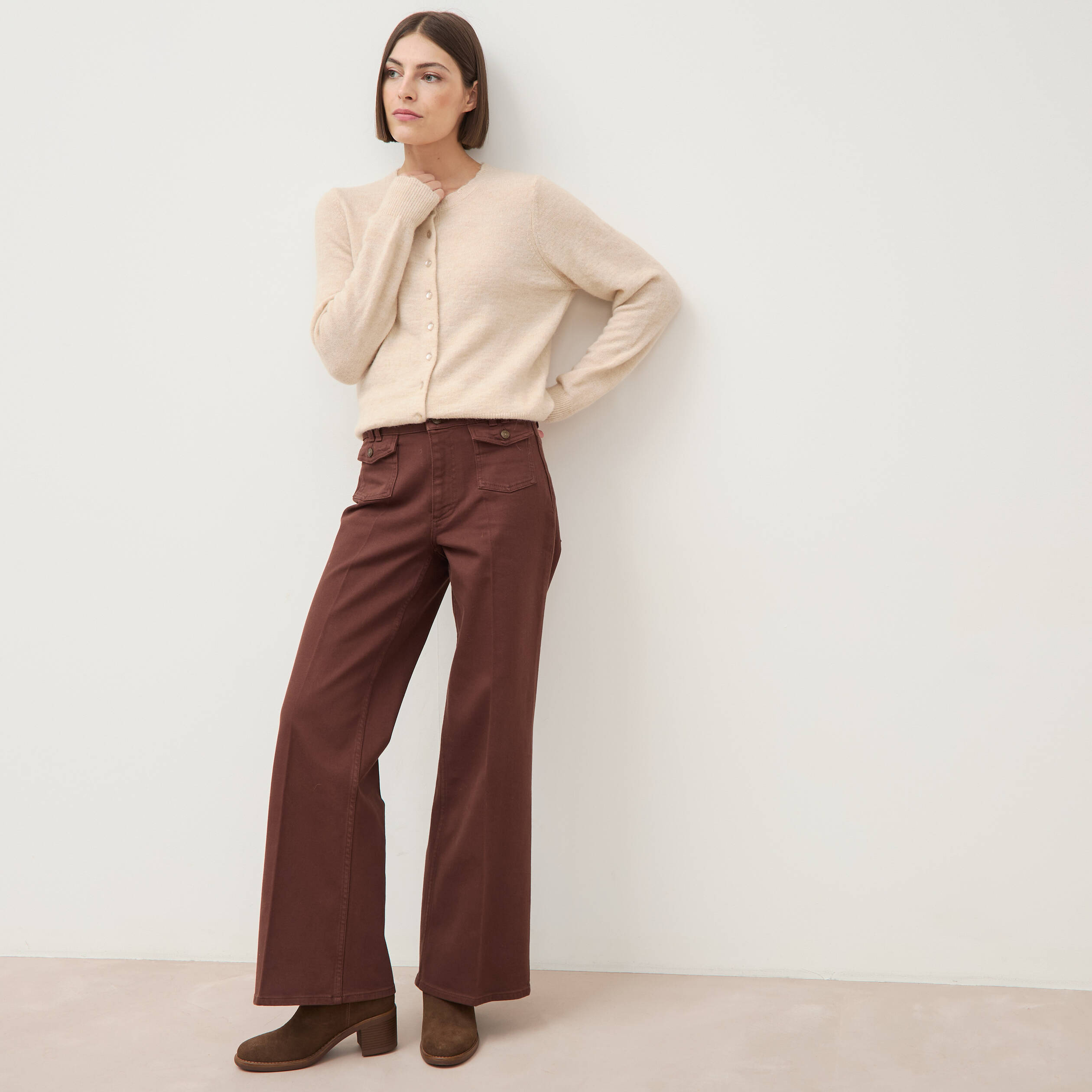 Jeans flare taille haute marron femme