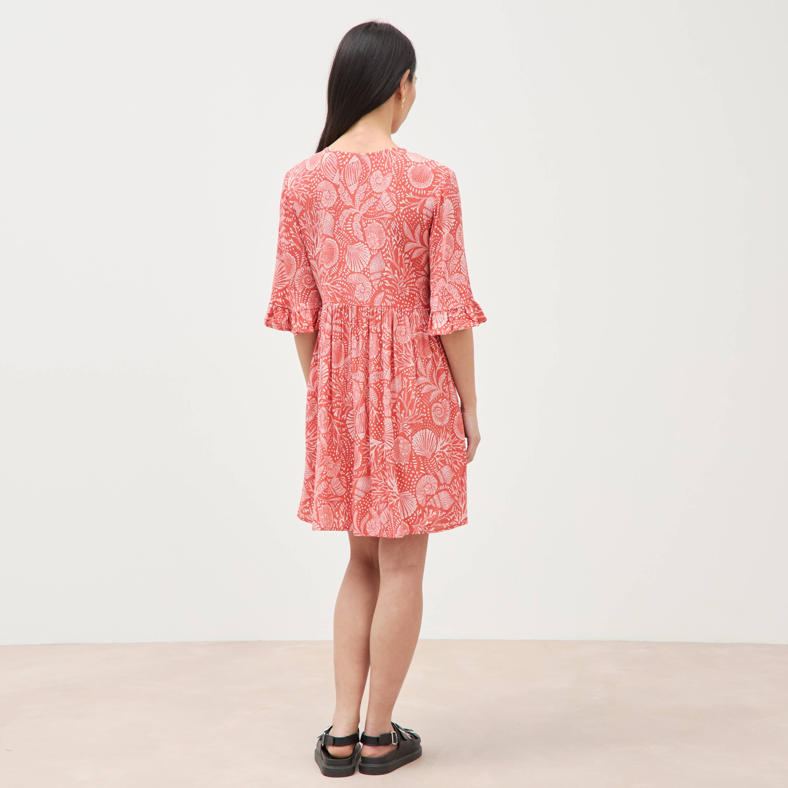 Robe col v manches au coude orange corail femme